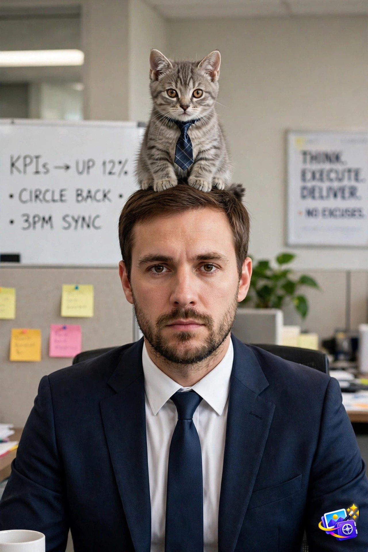 Funny ai image prompts cat boss example with cat in tiny tie on head