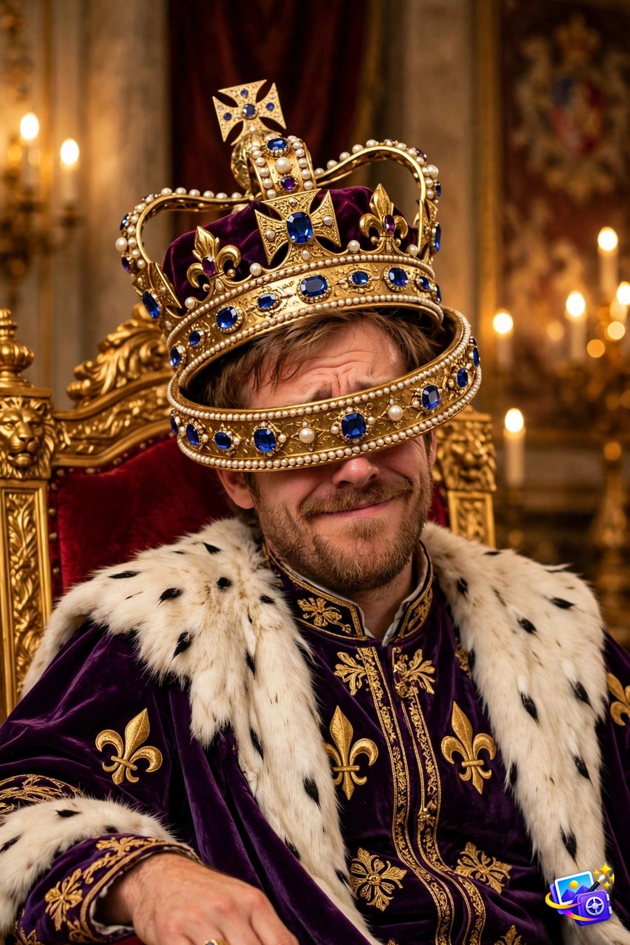 Funny ai image prompts royal crown example with crown slipping over eyes