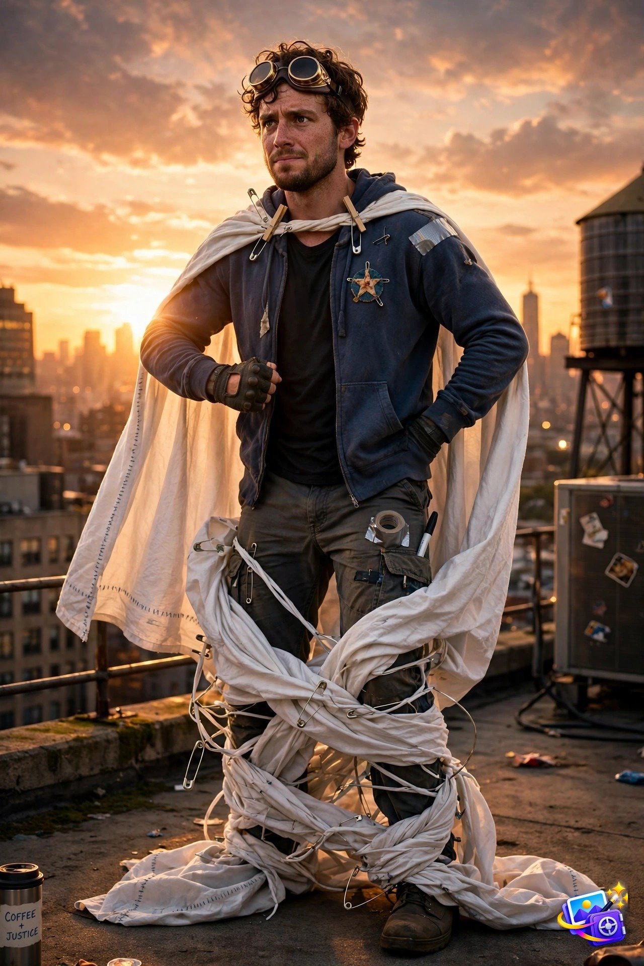 Funny ai image prompts superhero cape example with bedsheet cape tangled