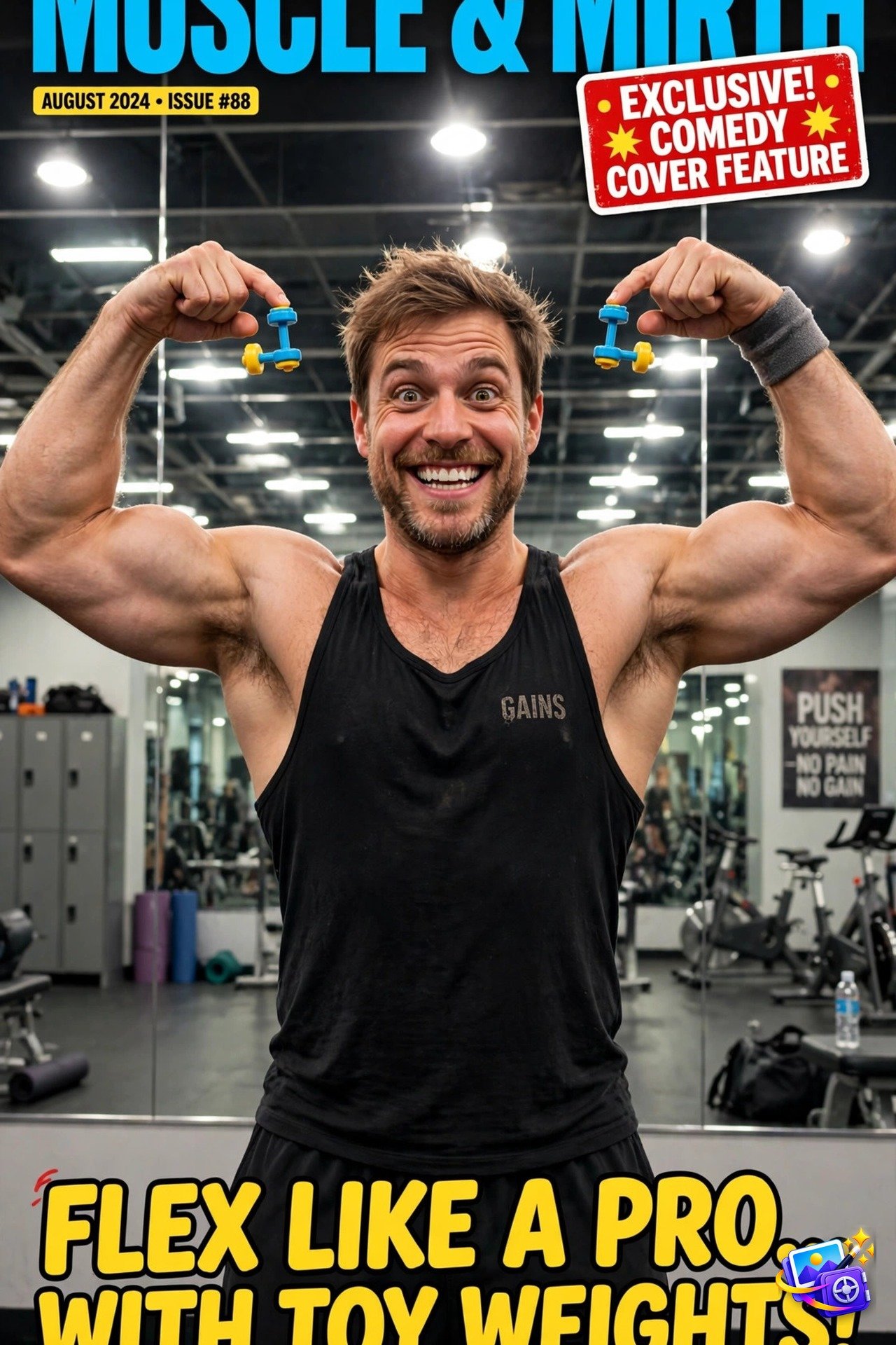 Funny ai image prompts tiny dumbbells example with toy weights flexing