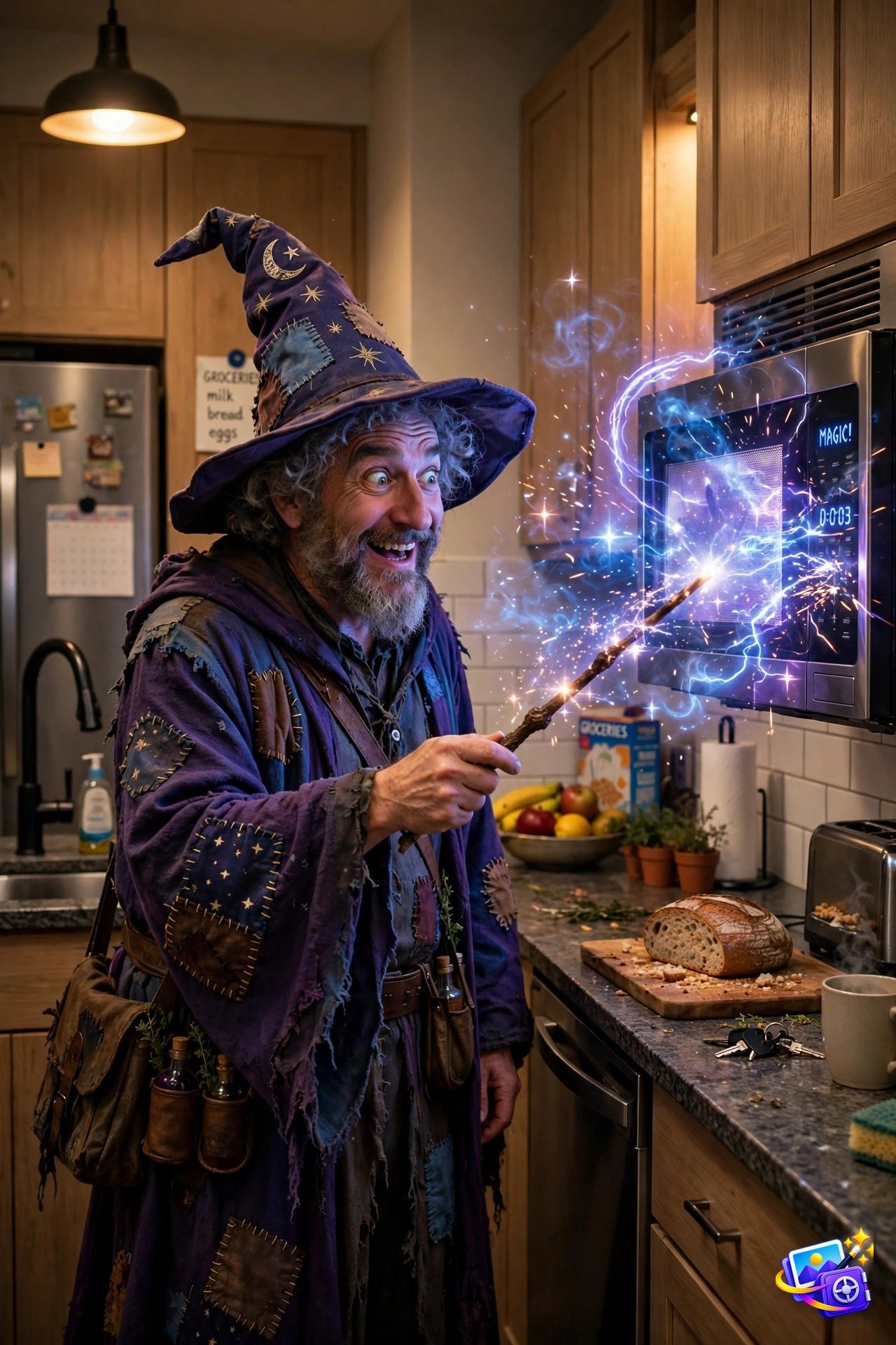 Funny ai image prompts wizard kitchen example with wand at microwave