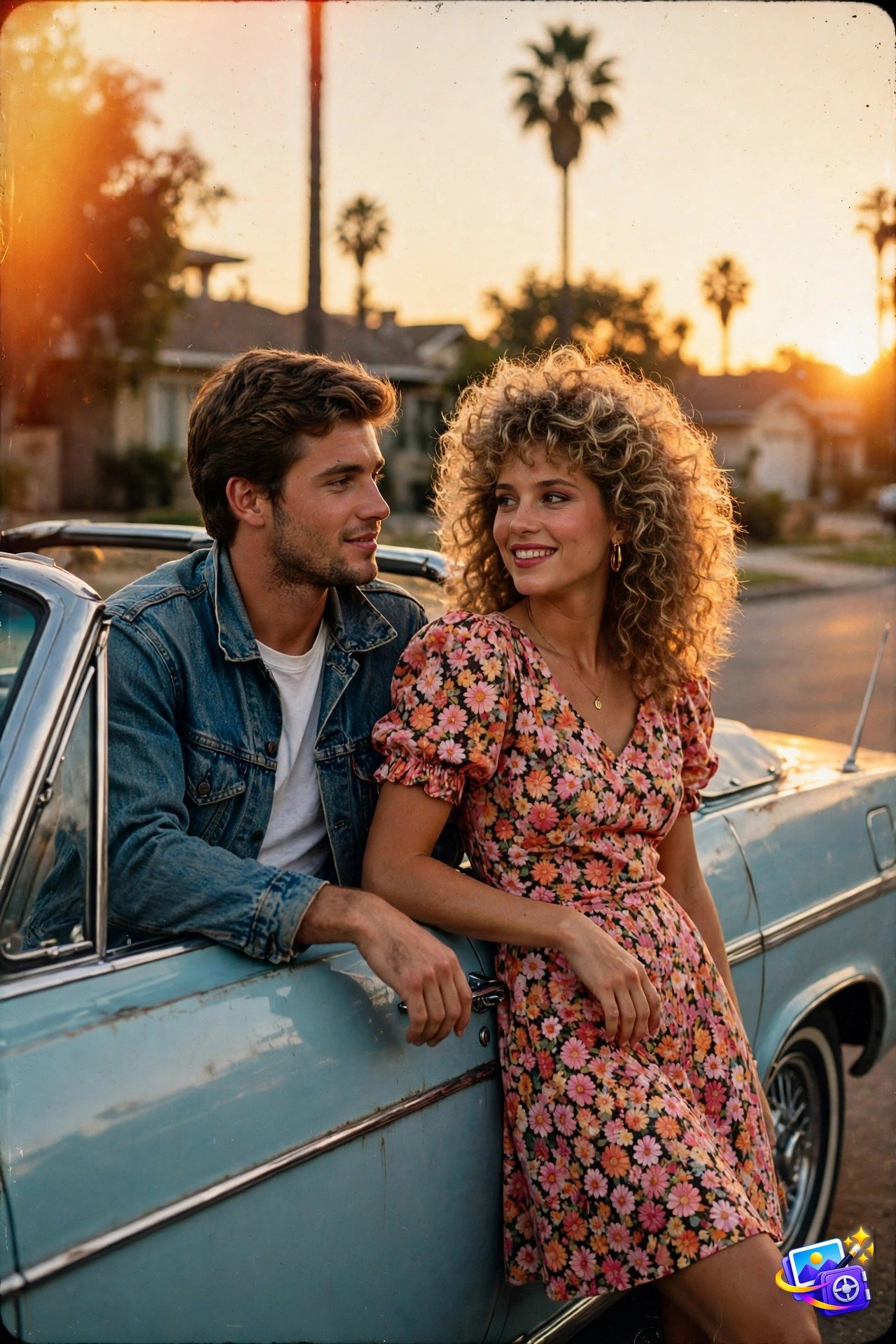 Young couple leaning on a vintage convertible at sunset with 80s film grain, created with gemini couple photo prompts