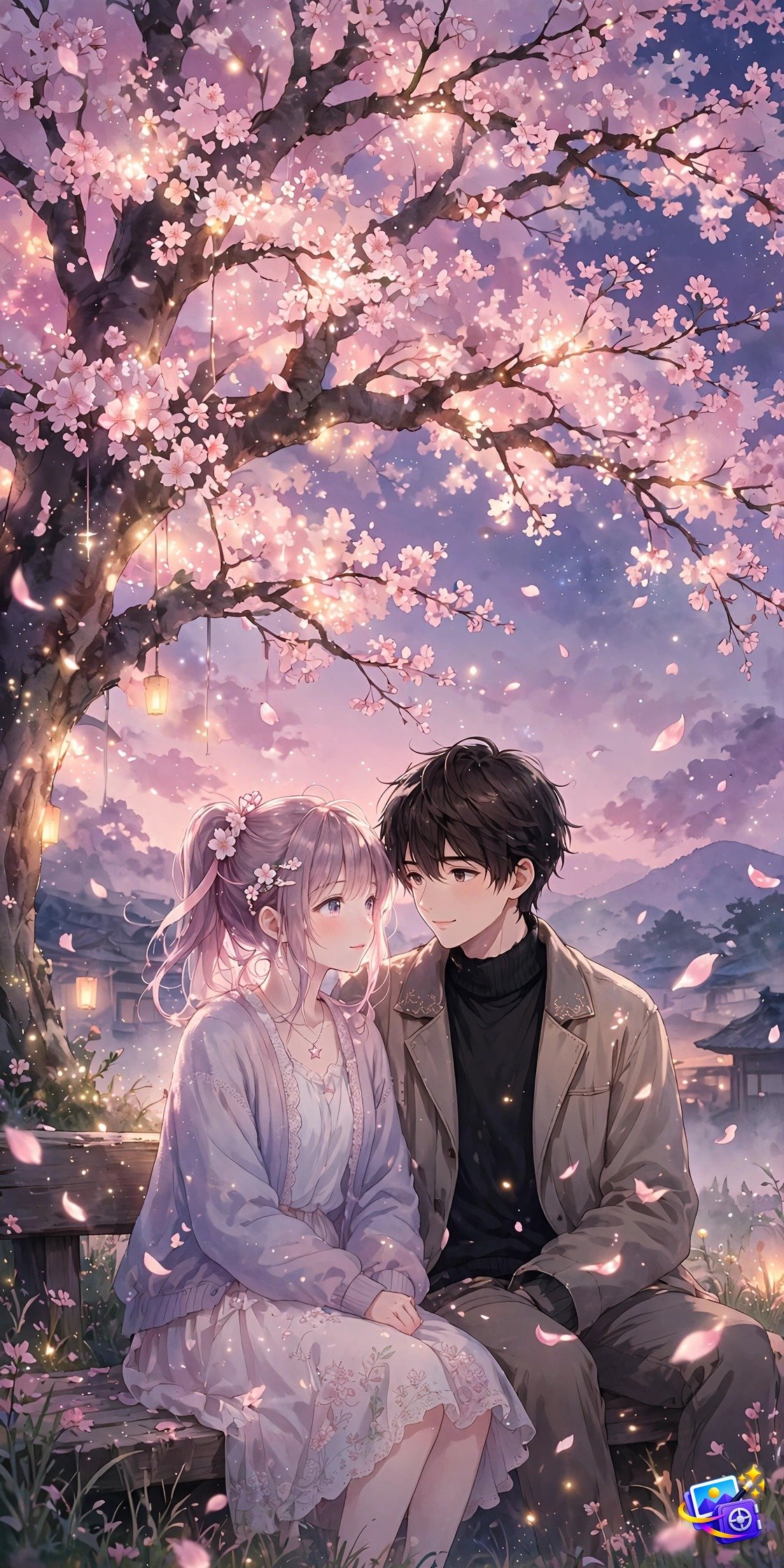 Dreamy anime illustration of a couple under a glowing cherry blossom tree at twilight, created with gemini couple photo prompts