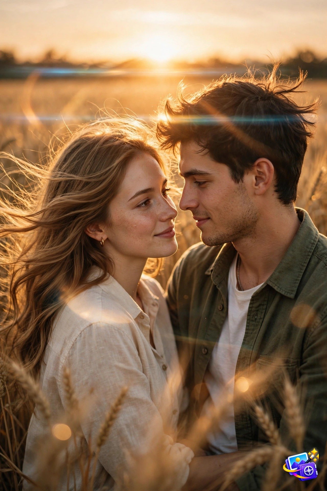 Romantic couple in a wheat field at golden hour with cinematic lens flare, created with gemini couple photo prompts