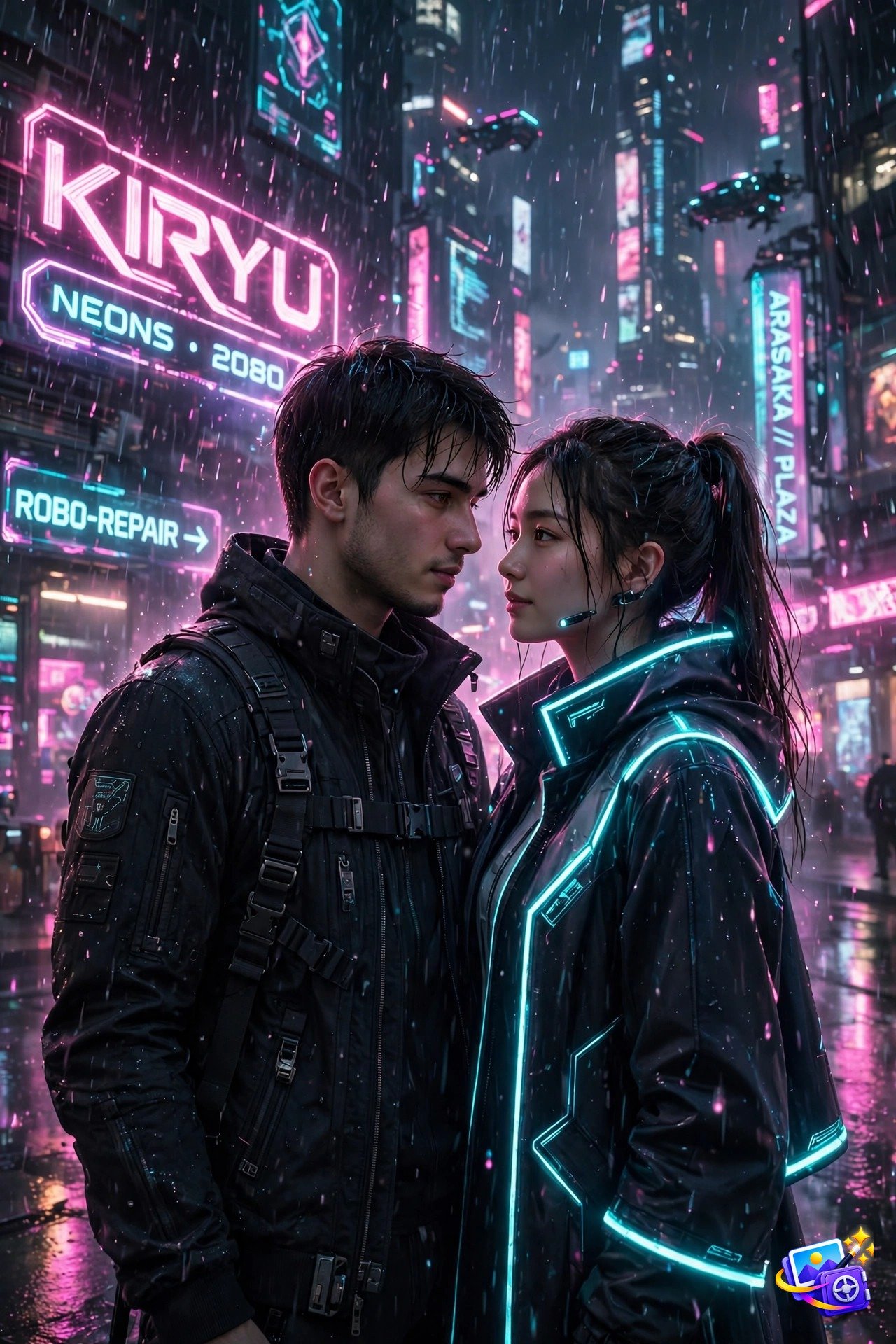 Couple standing close in neon rain on a futuristic 2080 city street with holographic signs