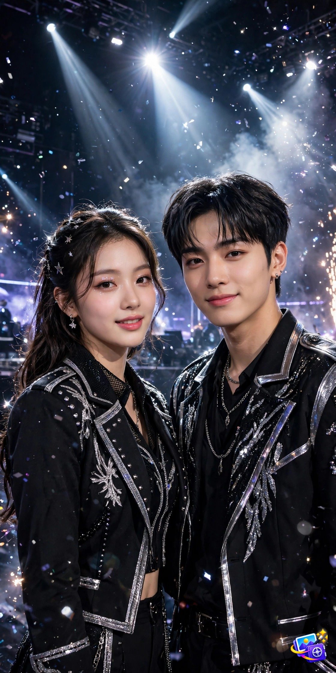 Couple as Kpop idols in matching stage outfits under dramatic concert spotlights