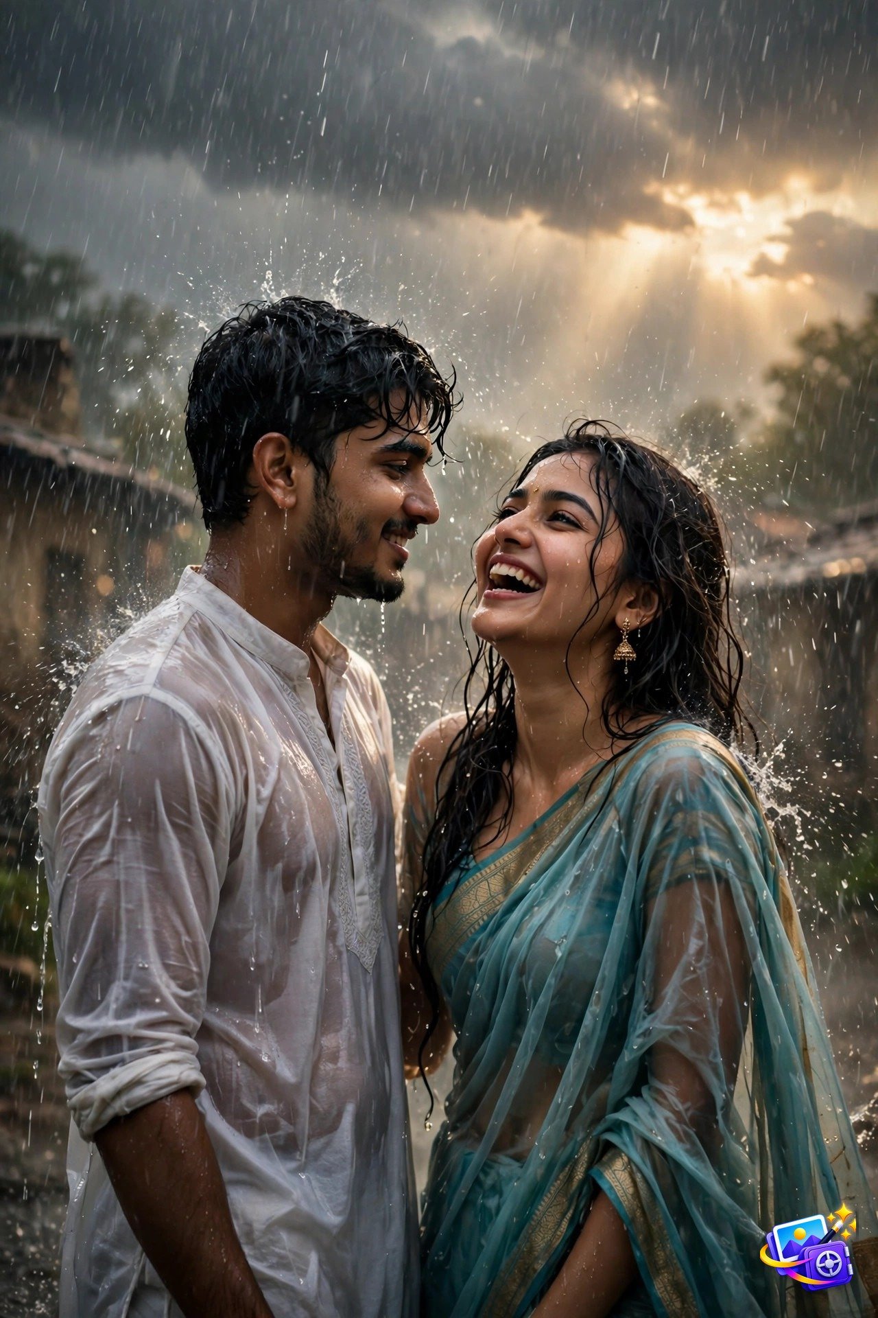 Couple laughing in dramatic monsoon rain with a stormy sky and golden light, created with gemini couple photo prompts