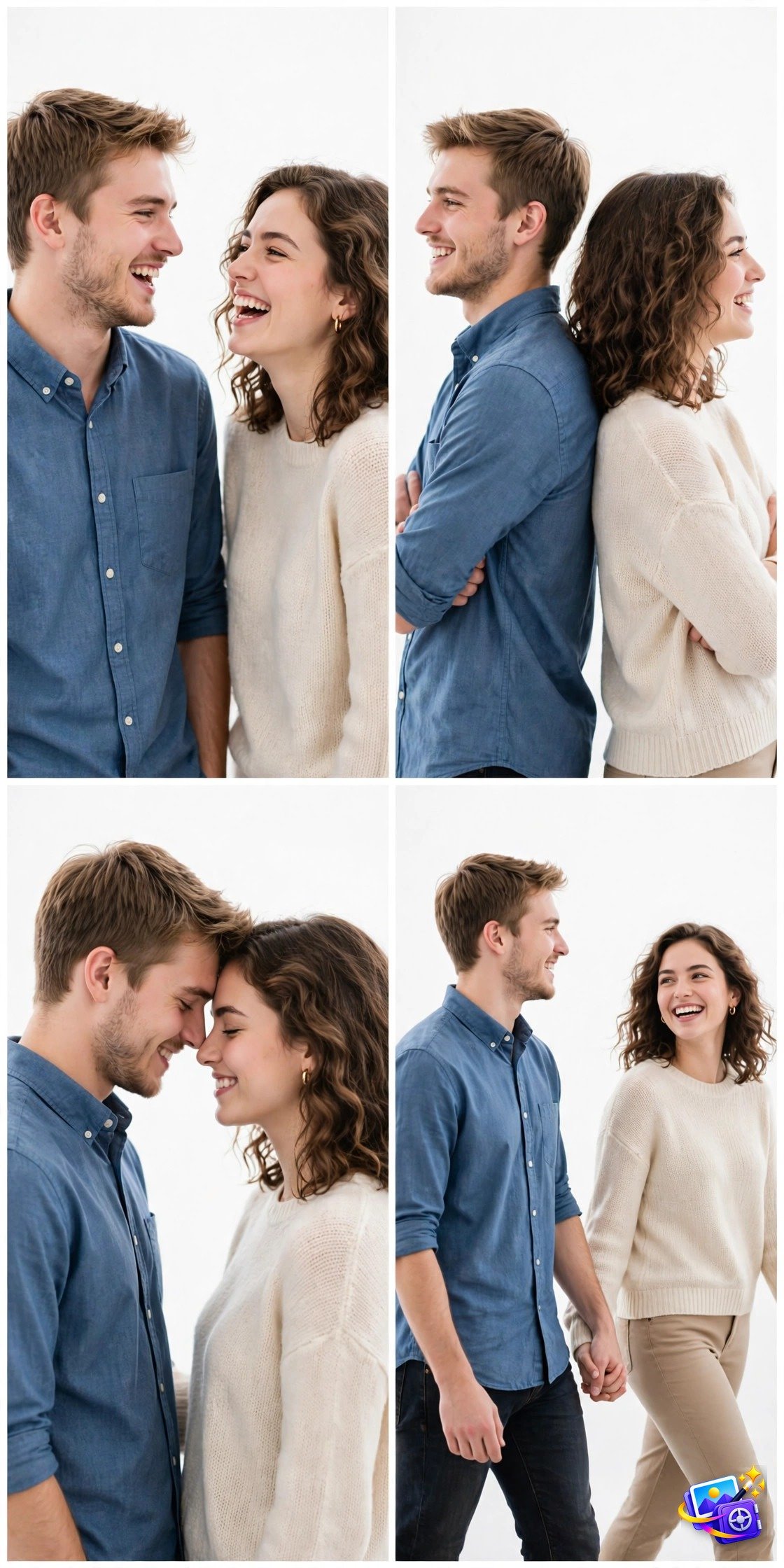 Four-pose studio collage of a couple laughing, back to back, forehead to forehead and walking hand in hand