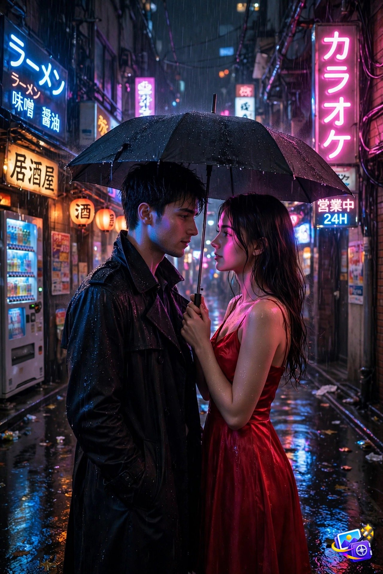 Couple sharing an umbrella in a rainy neon-lit Tokyo style alley at night