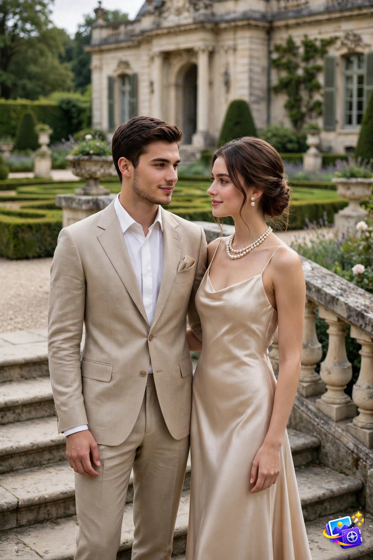 Elegant couple in luxury attire on the steps of a grand European estate, created with gemini couple photo prompts