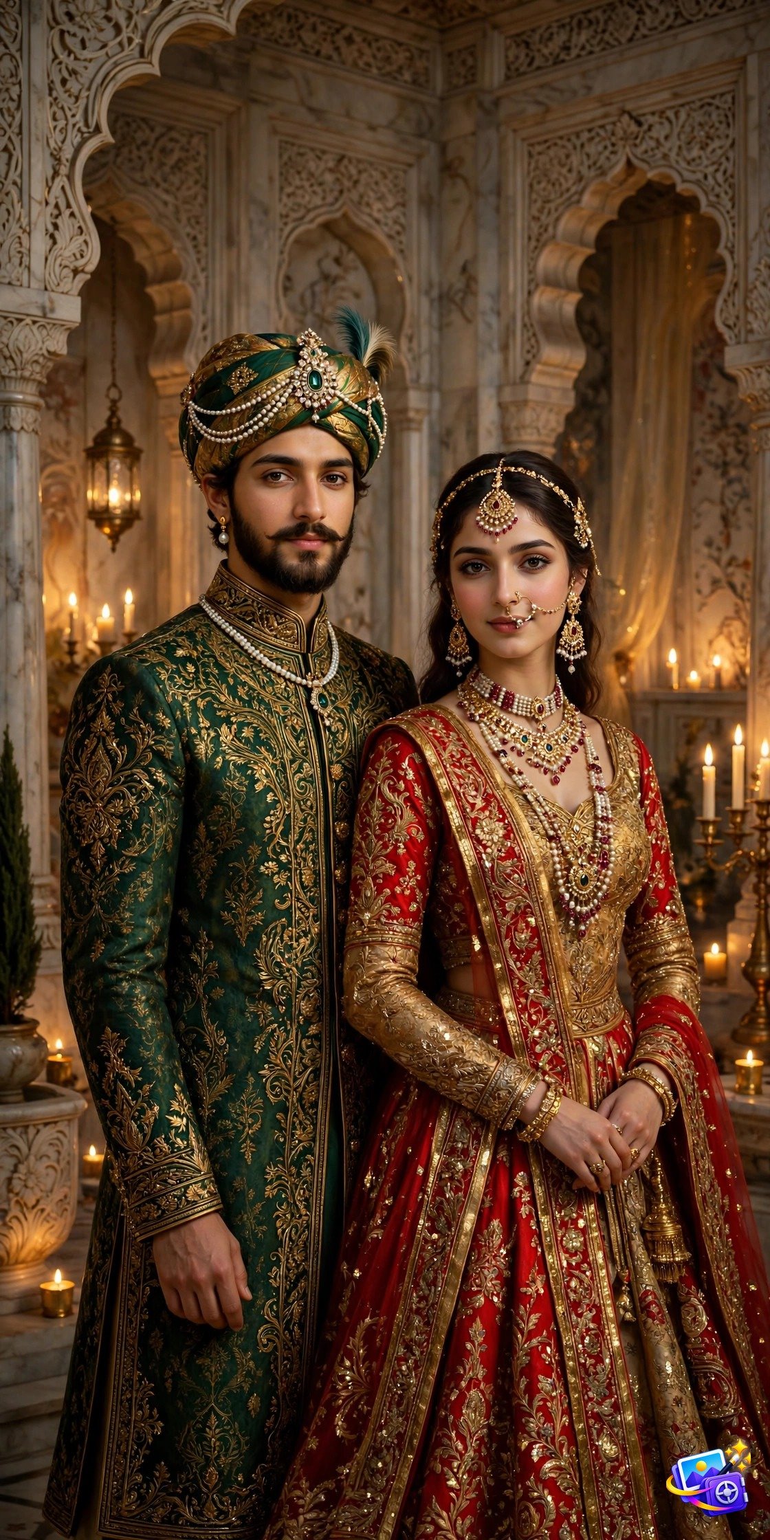 Couple dressed as Mughal royalty in a marble palace hall with warm candlelight