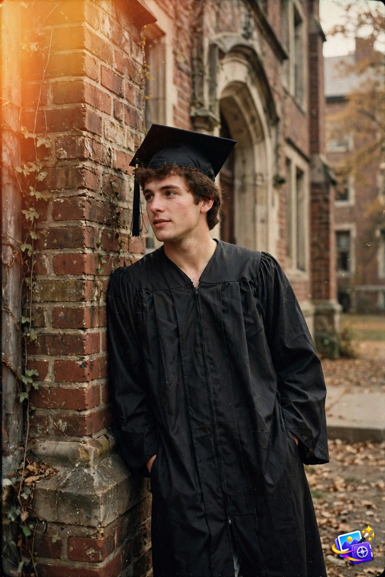 Young man in a black graduation cap and gown leaning against a vintage brick university building in warm 80s retro film style, created with graduation ai photo prompts