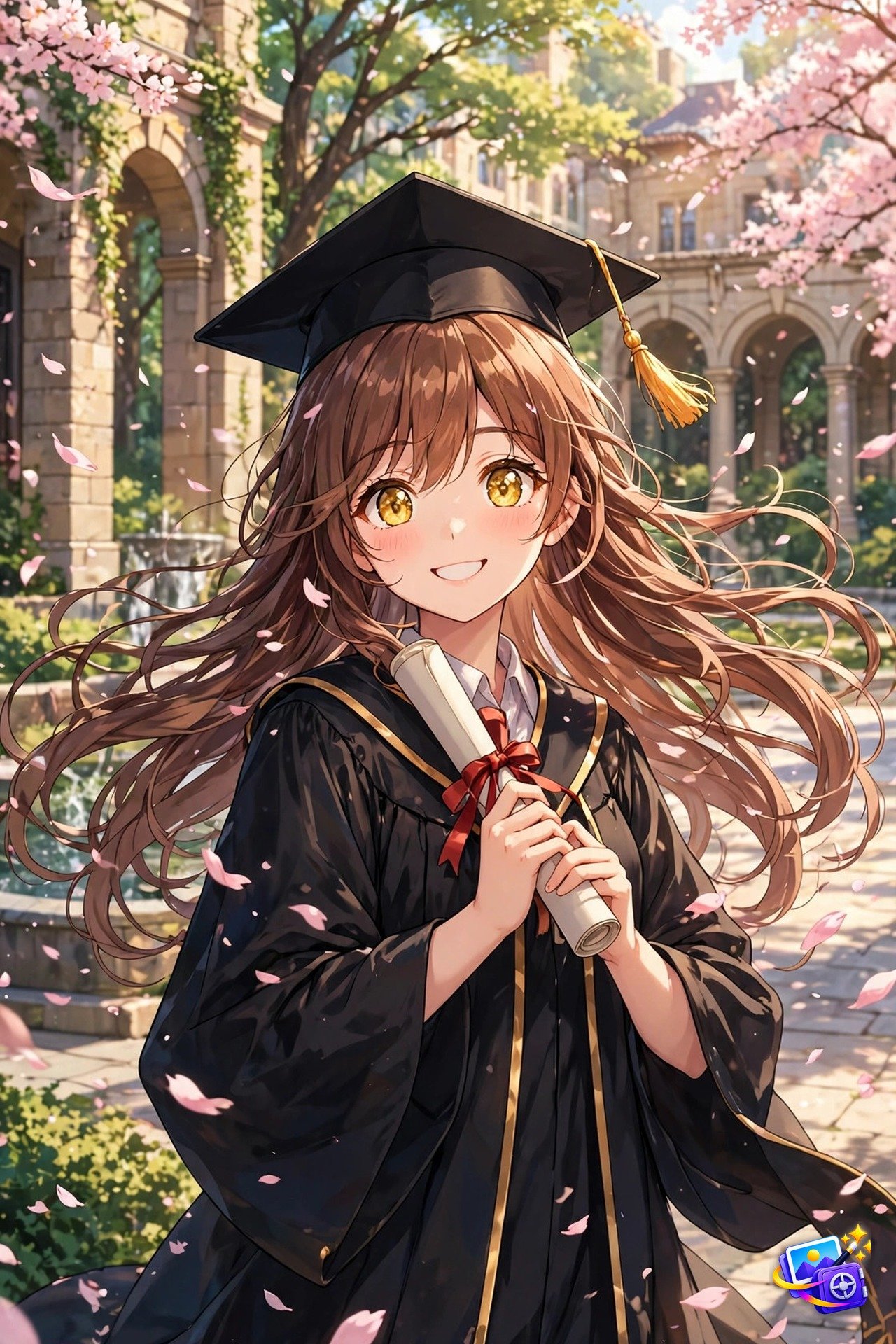 Anime girl in a black graduation cap and gown holding a diploma scroll in a sunlit courtyard with falling petals, created with graduation ai photo prompts