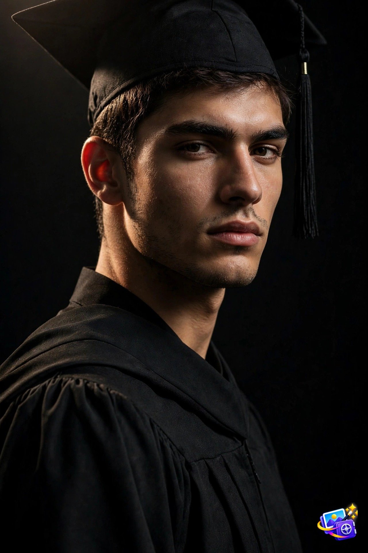Confident young man in a black graduation cap and gown in a dramatic black editorial studio portrait with spotlight, created with graduation ai photo prompts