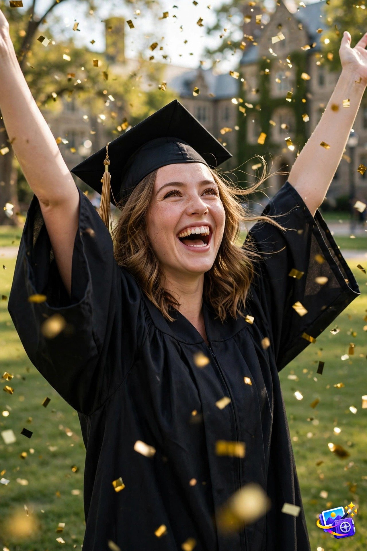 Laughing young woman in a black graduation cap and gown with arms raised as golden confetti rains down on a sunny campus lawn, created with graduation ai photo prompts