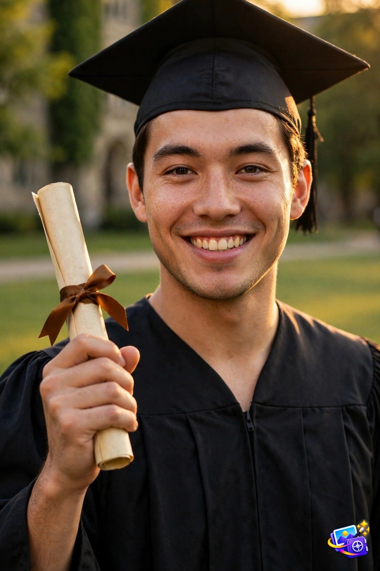 Smiling young man in a black graduation cap and gown proudly holding a rolled diploma tied with a ribbon on campus, created with graduation ai photo prompts