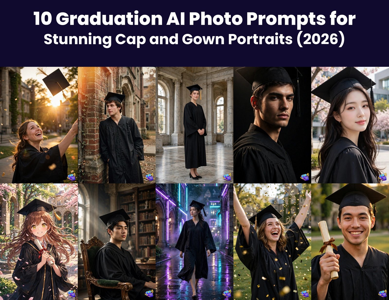 10 Graduation AI Photo Prompts for Stunning Cap and Gown Portraits featured collage