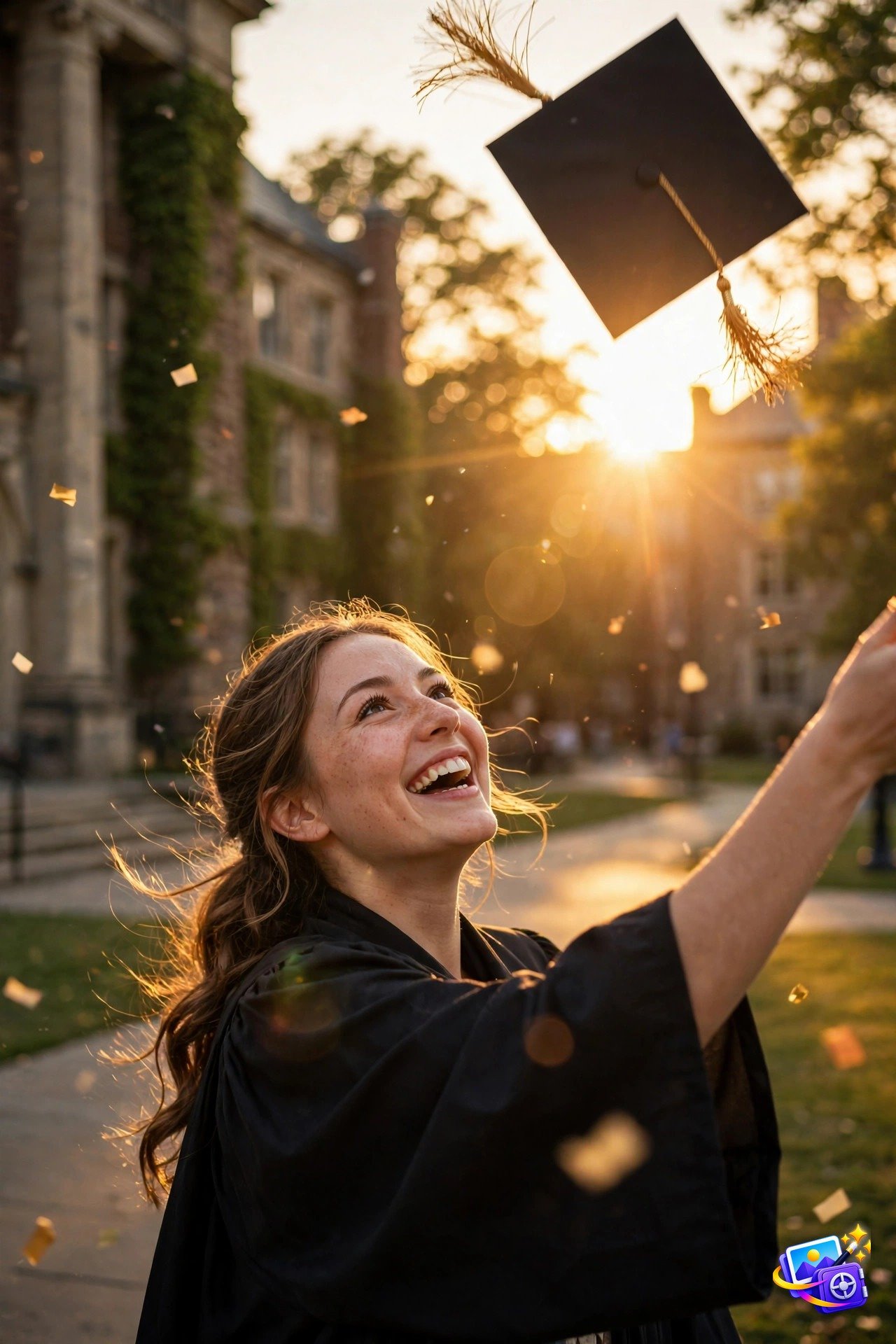 Young woman in a black graduation cap and gown joyfully throwing her cap in the air at golden hour on a university campus, created with graduation ai photo prompts