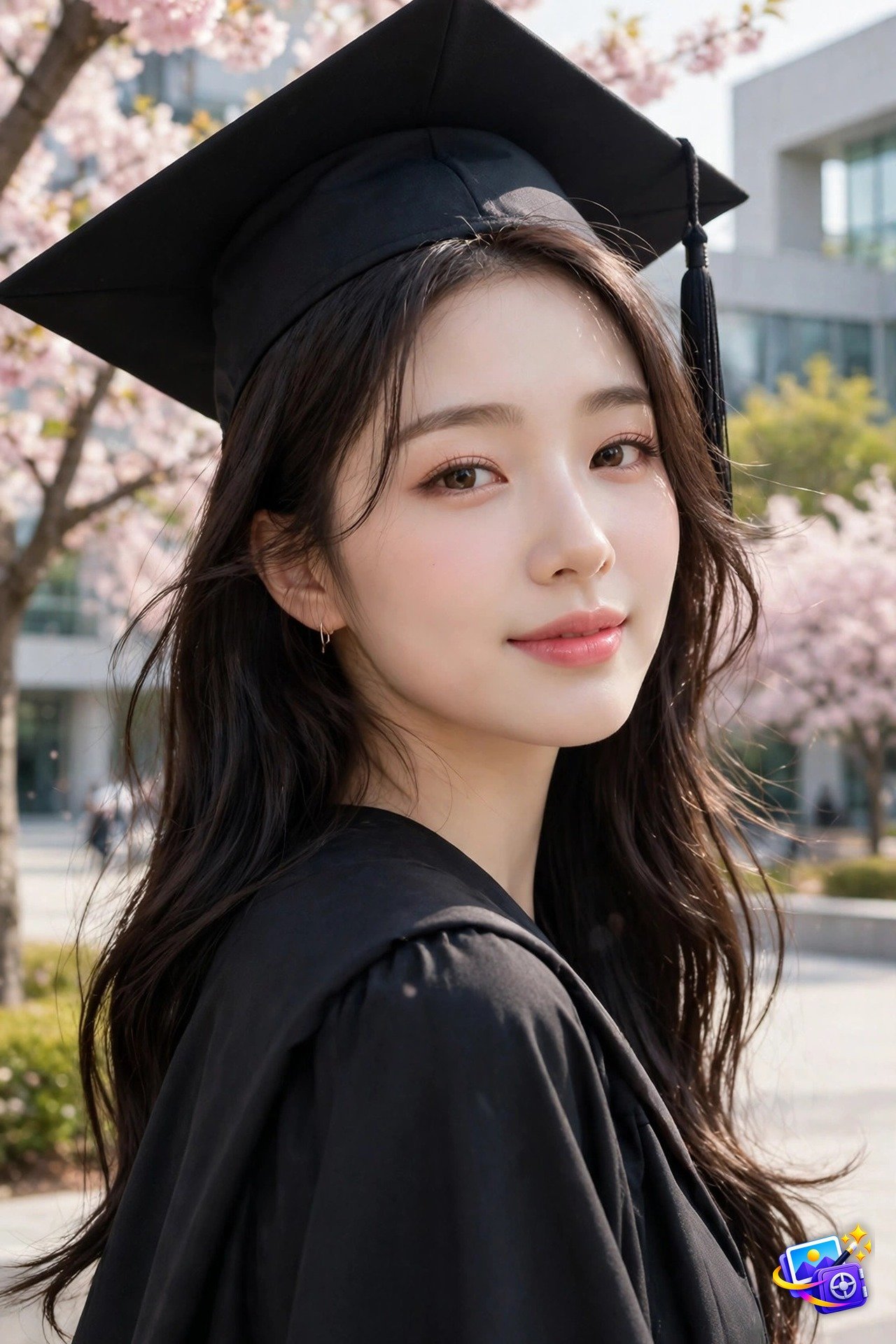 Stylish young woman in a black graduation cap and gown with cherry blossoms on a bright campus in K-pop idol photo style, created with graduation ai photo prompts