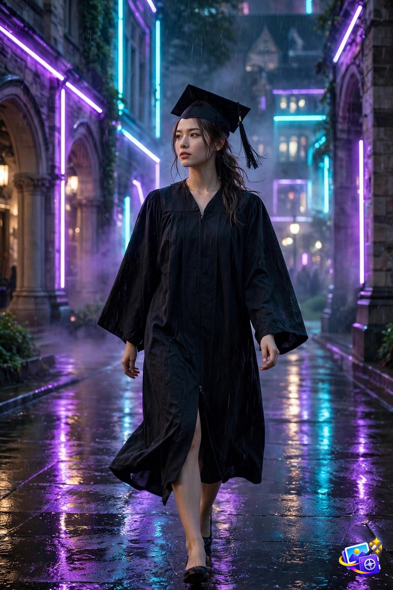 Confident young woman in a black graduation cap and gown walking through a neon-lit campus at night with wet pavement reflections, created with graduation ai photo prompts