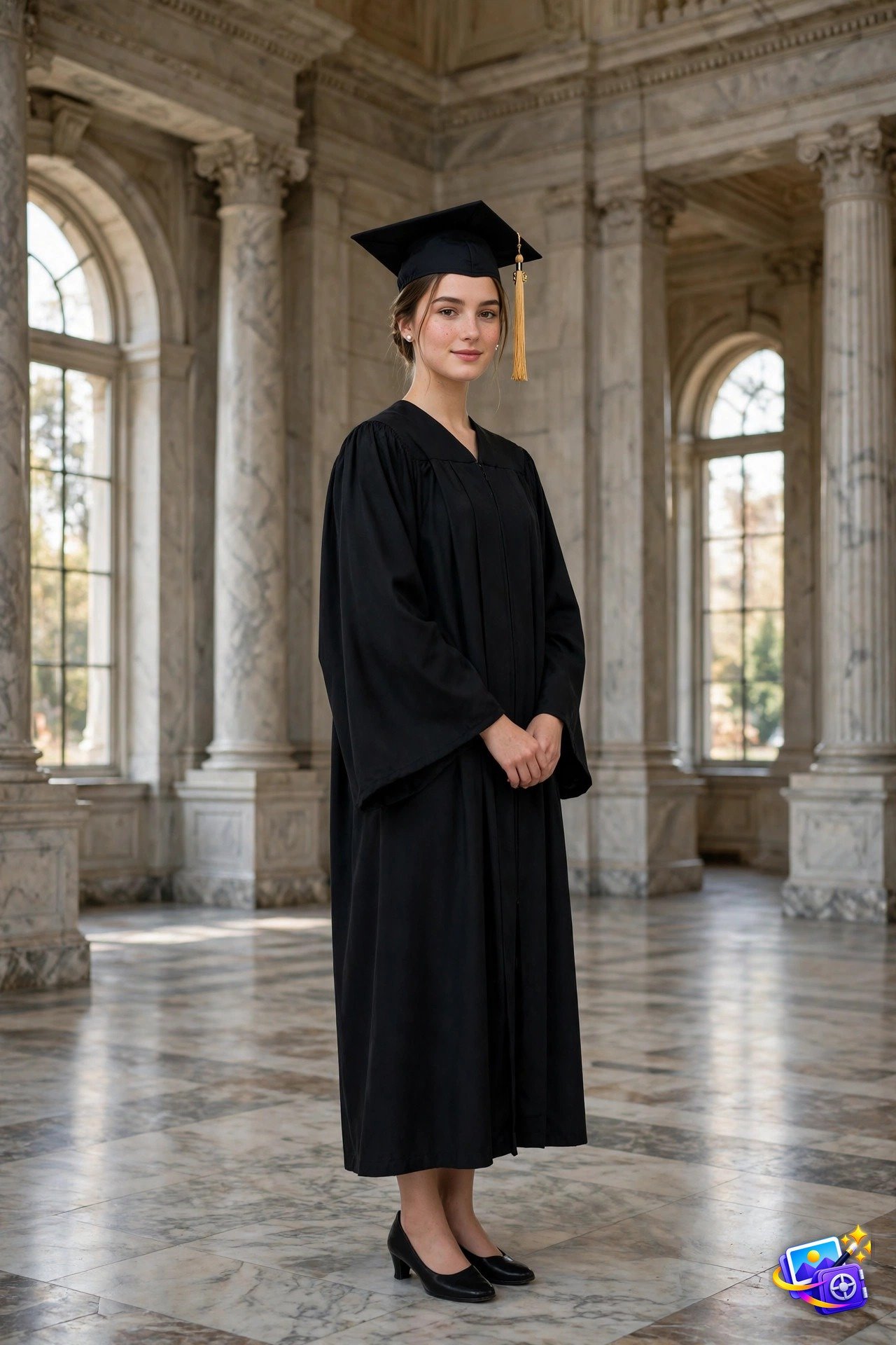 Elegant young woman in a black graduation cap and gown standing in a grand marble university hall with tall columns, created with graduation ai photo prompts