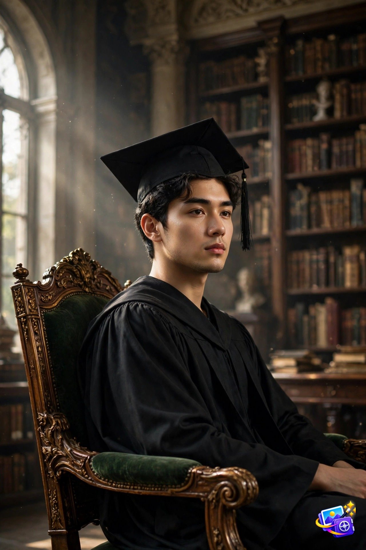 Dignified young man in a black graduation cap and gown seated in an ornate chair in a grand library with tall bookshelves, created with graduation ai photo prompts