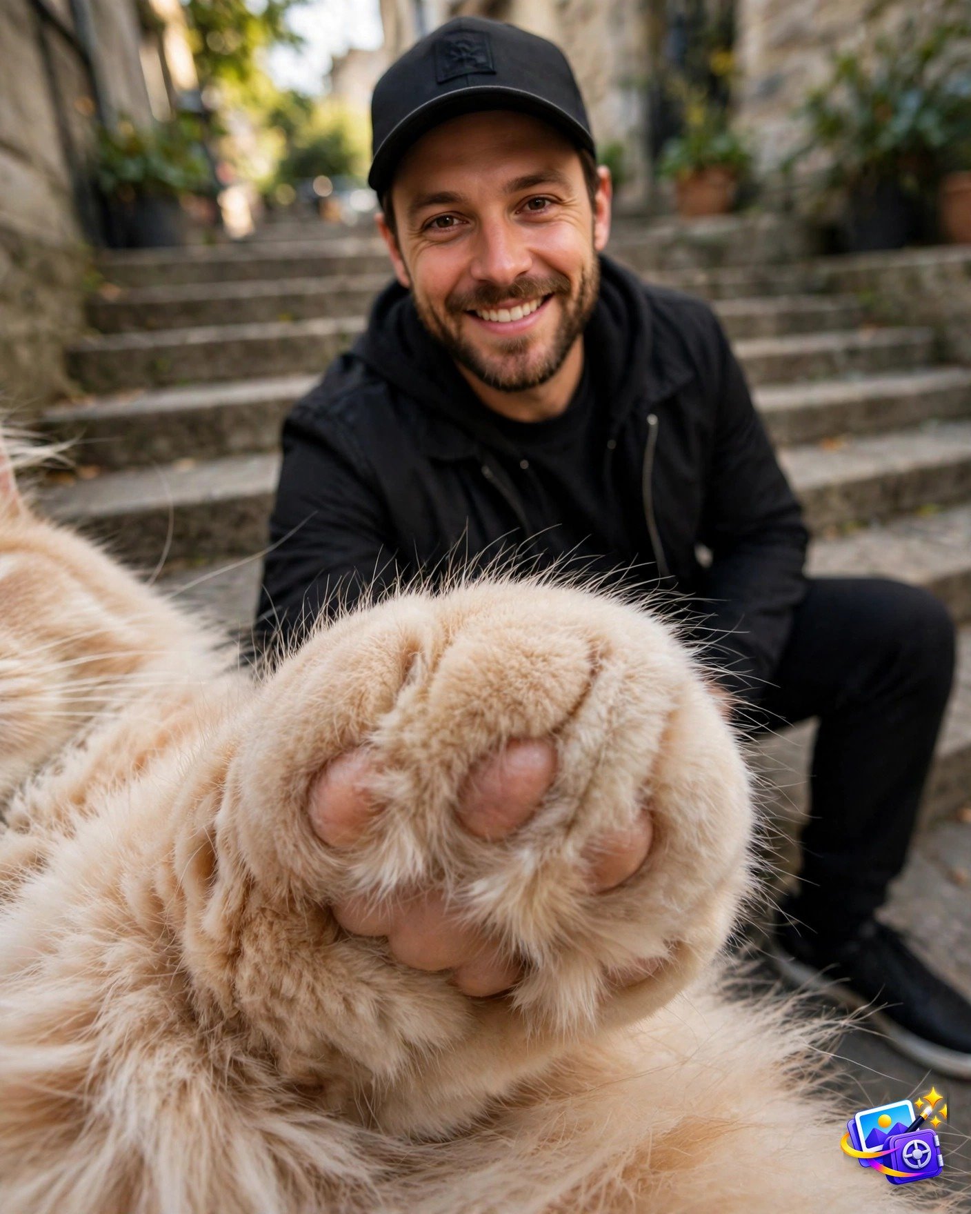 Man sitting on outdoor steps smiling at the camera with a fluffy cat paw in the foreground, created with an instagram trending image prompt