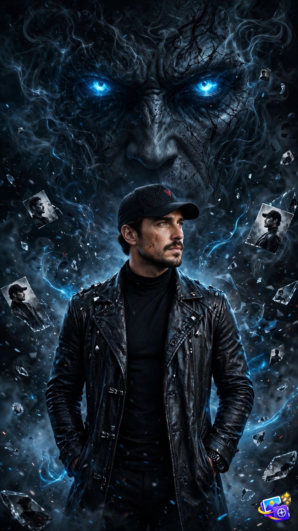 Dark cinematic portrait of a man in a black trench coat with a giant shadowy face behind him, created with an instagram trending image prompt