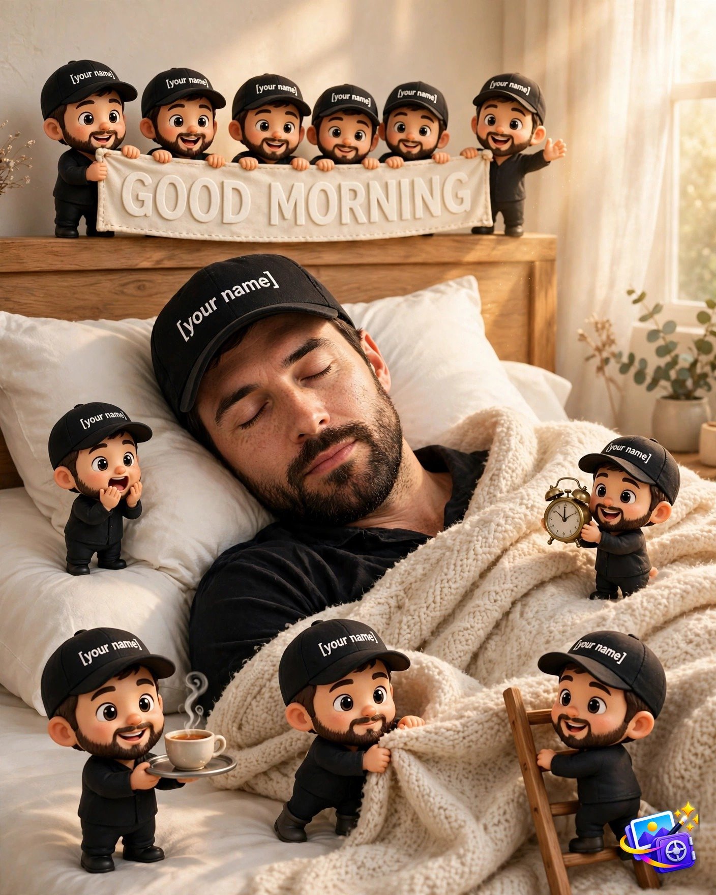 Sleeping man surrounded by ten tiny cartoon versions holding a good morning banner, created with an instagram trending image prompt