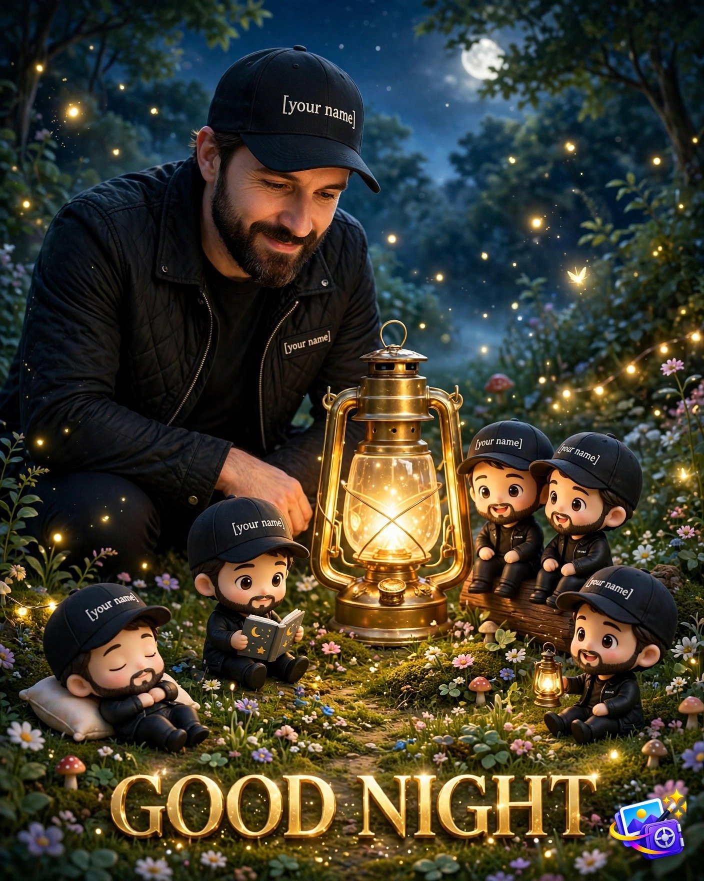 Man in a moonlit garden with tiny cartoon versions and a glowing lantern, created with an instagram trending image prompt