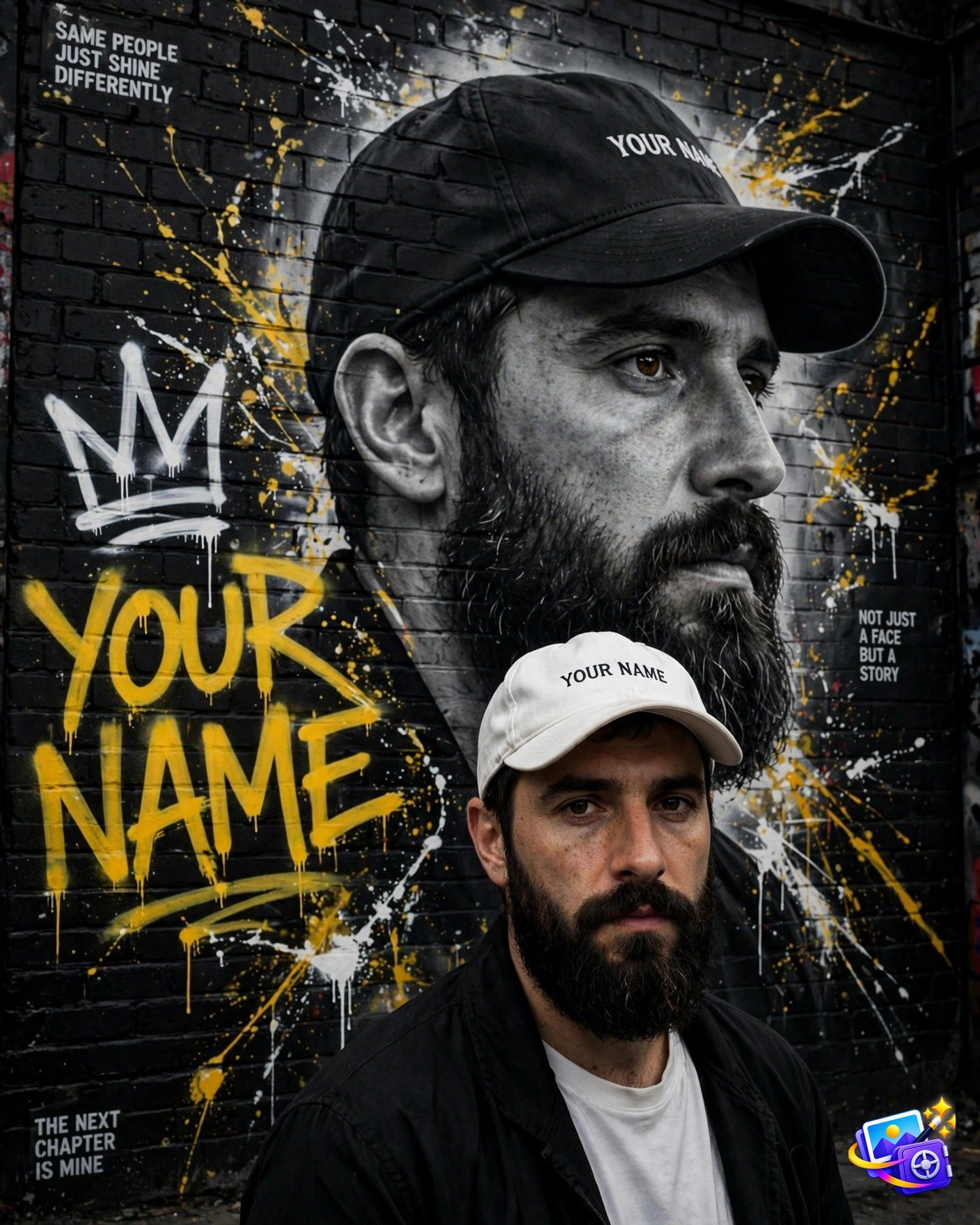 Bearded man in front of a black brick wall with his own grayscale mural and yellow graffiti, created with an instagram trending image prompt