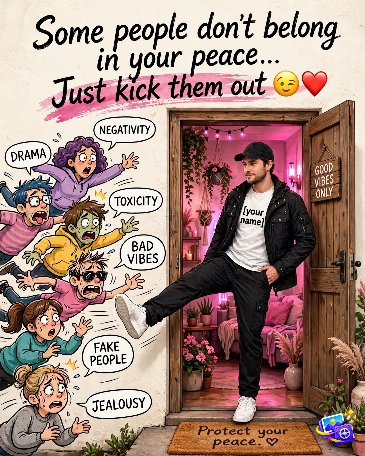 Man kicking cartoon negativity characters out of a cosy doorway, created with an instagram trending image prompt