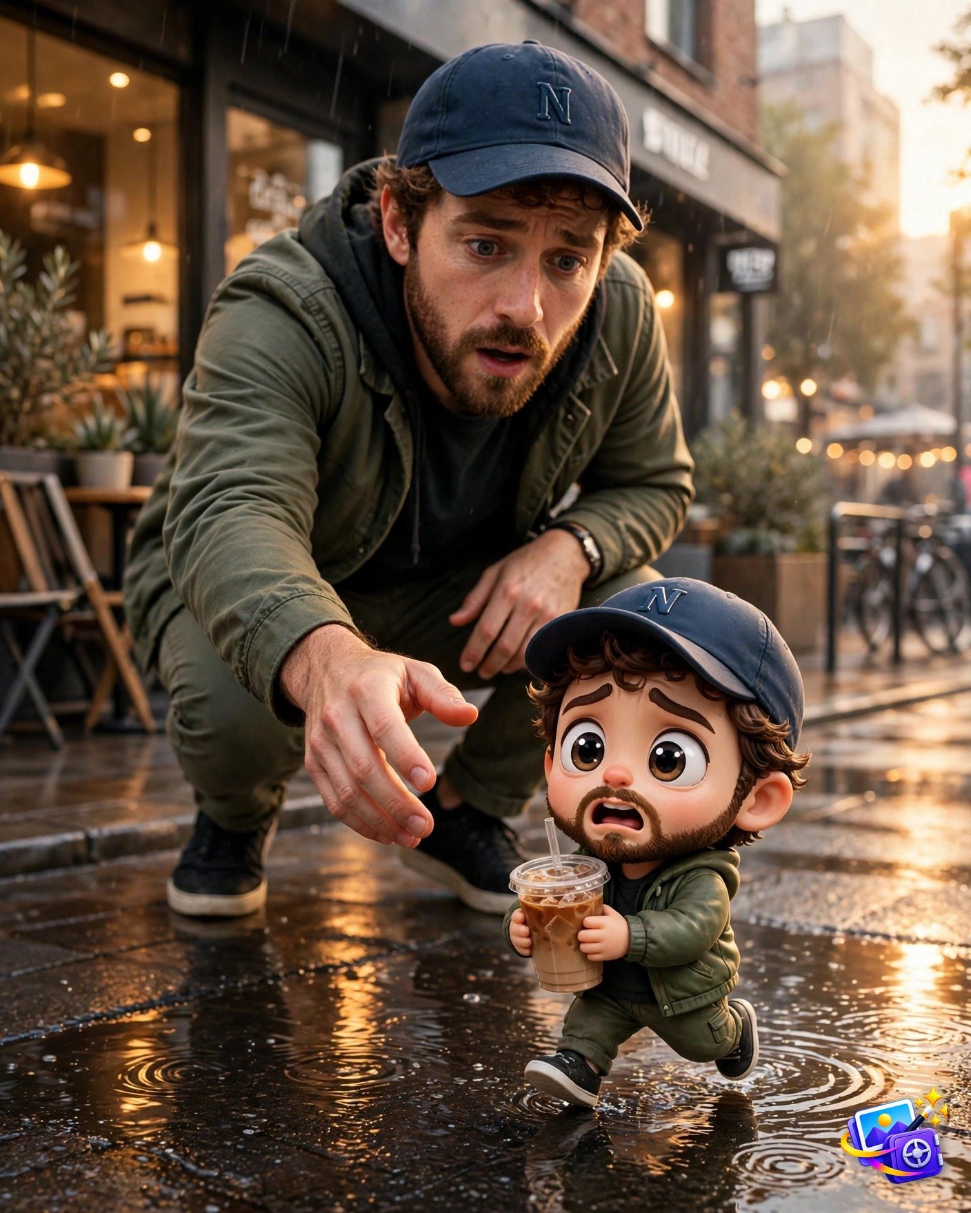 Adult and tiny chibi version of the same man outside a modern cafe, created with an instagram trending image prompt