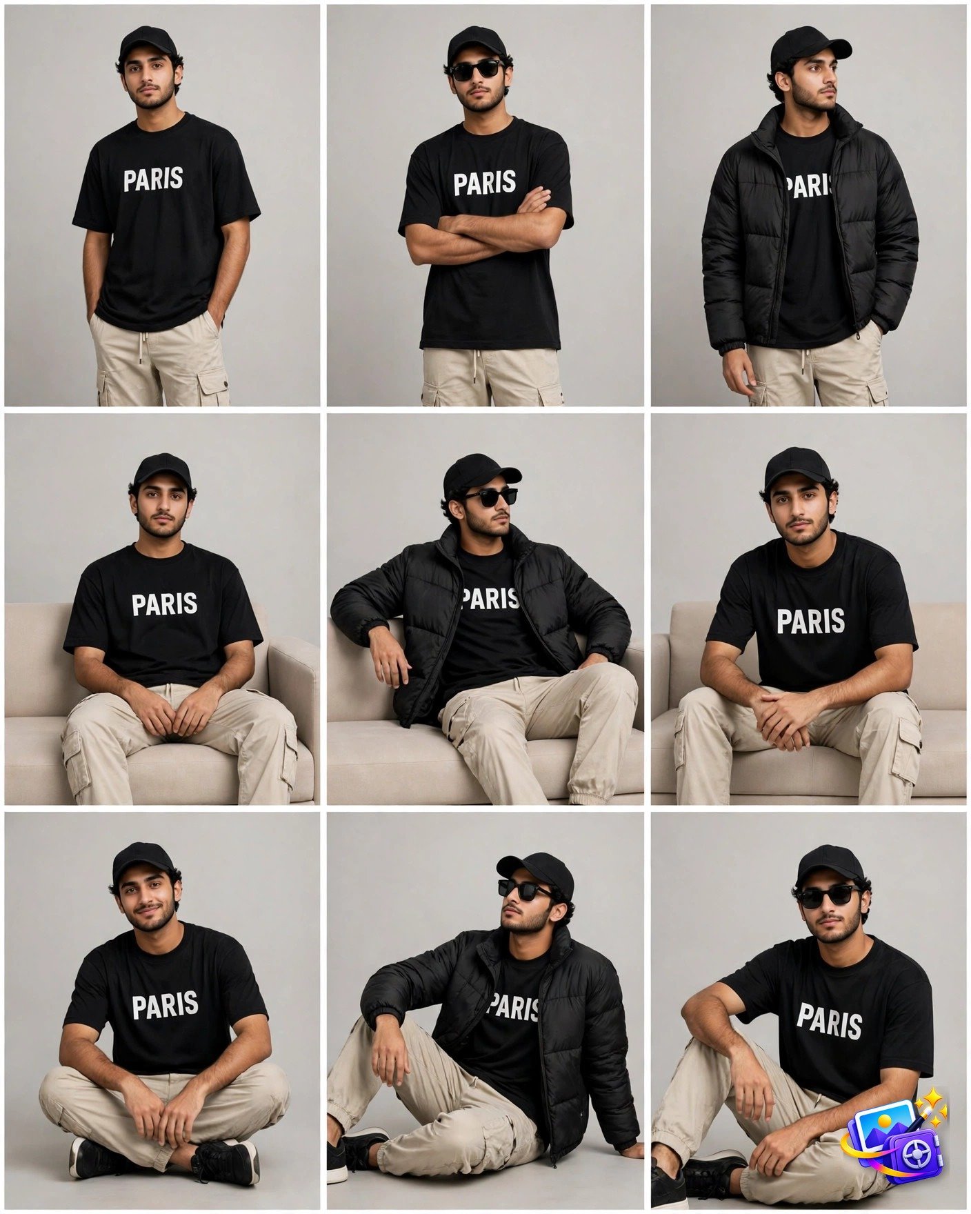 Nine pose fashion grid of the same young man in a black PARIS T-shirt, created with an instagram trending image prompt