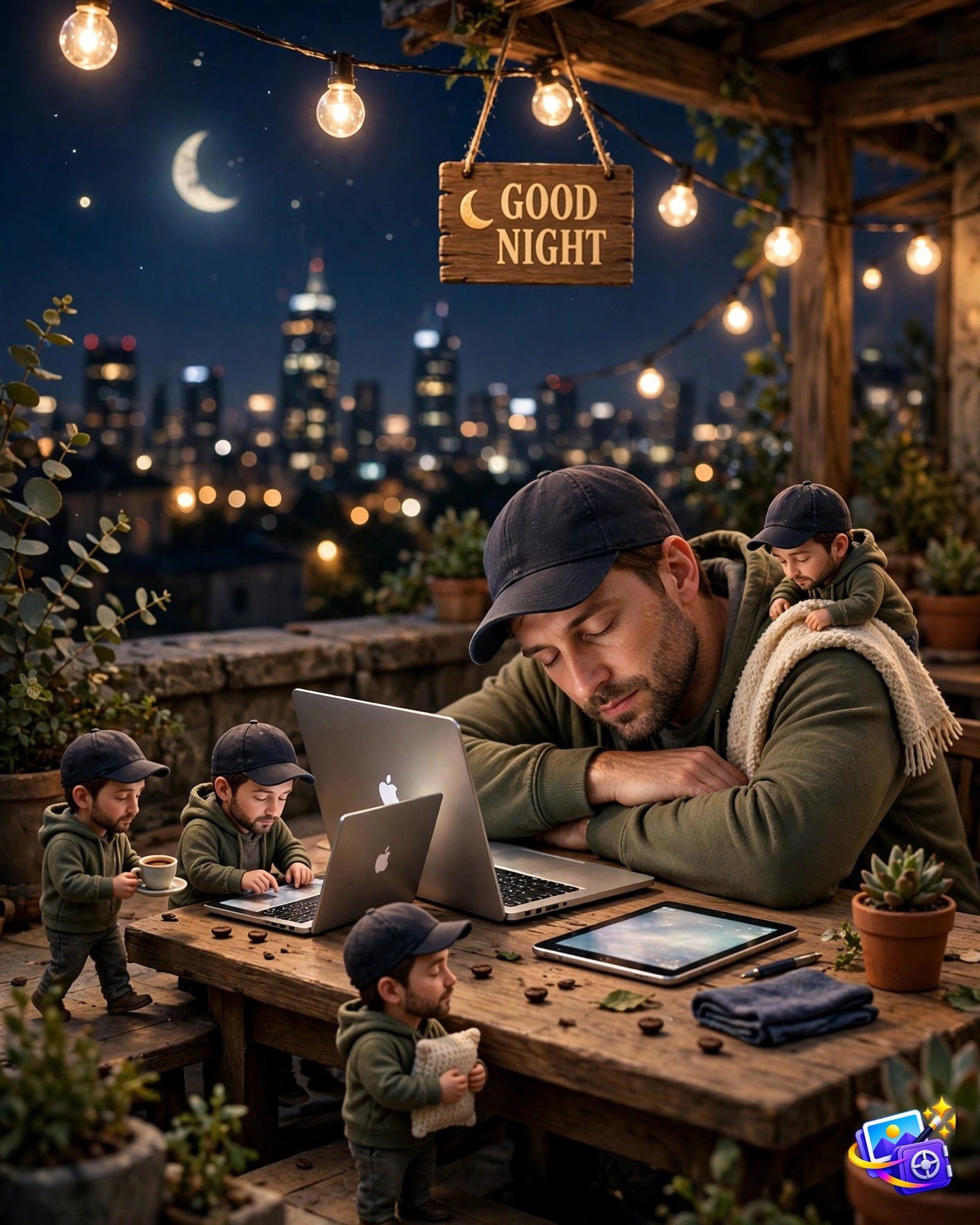 Man asleep at a rooftop cafe table with tiny versions working on his laptop, created with an instagram trending image prompt