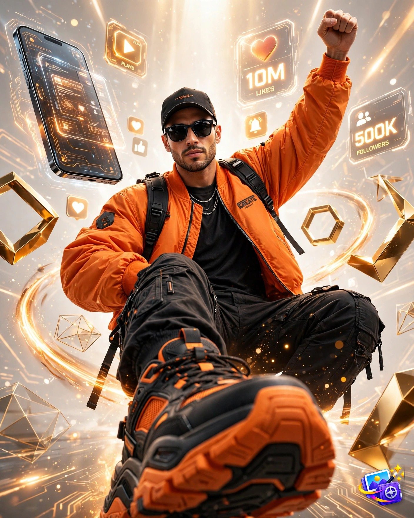 Tech creator in an orange bomber jacket with a giant smartphone and floating social icons, created with an instagram trending image prompt