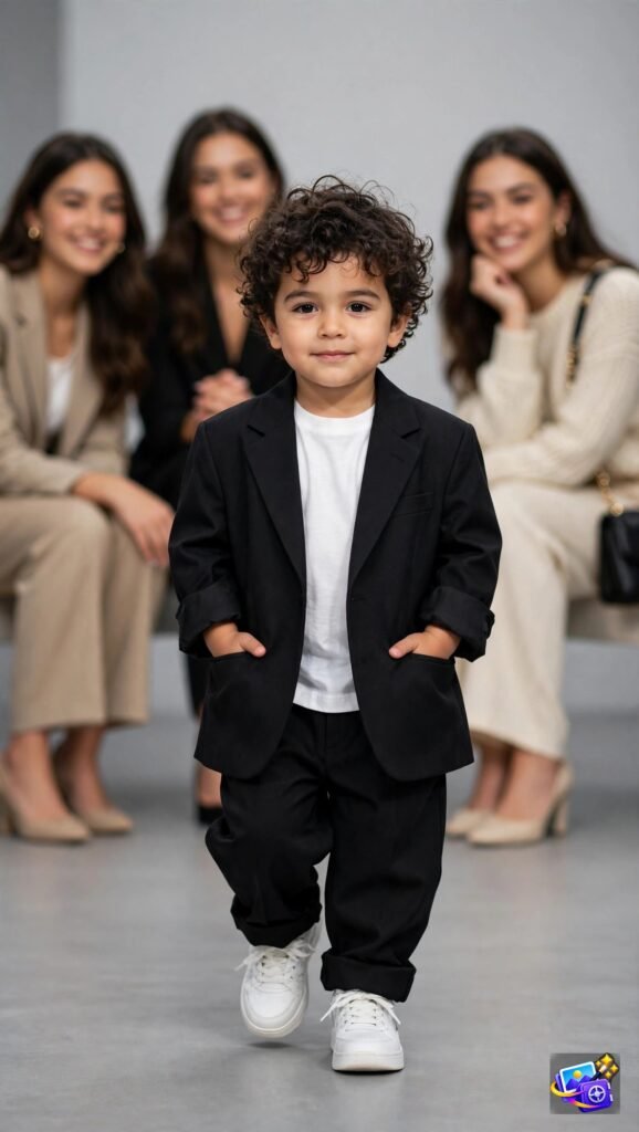 Toddler in black blazer walking like a fashion model, mini fashion model Gemini baby photoshoot prompt