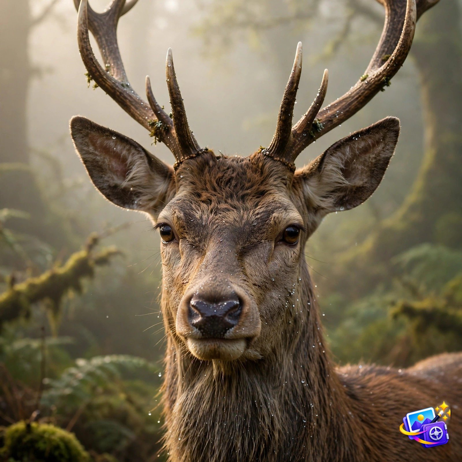 Prompts for midjourney deer portrait example in misty forest