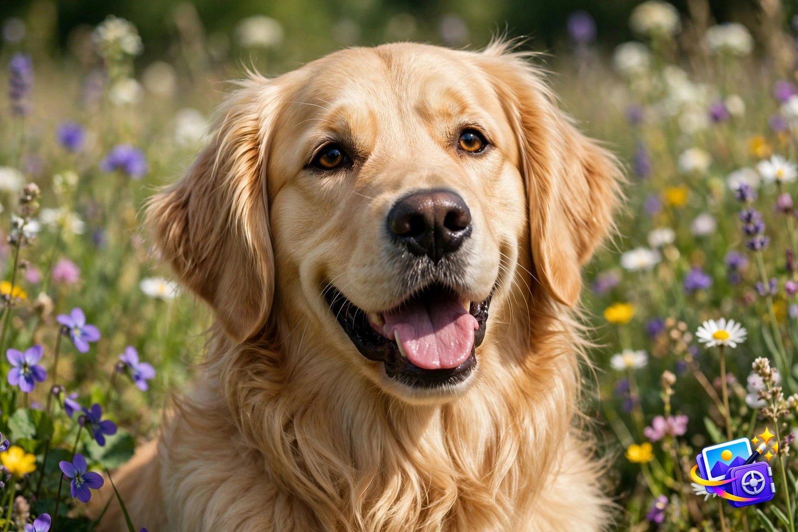 Prompts for midjourney golden retriever portrait example in a meadow