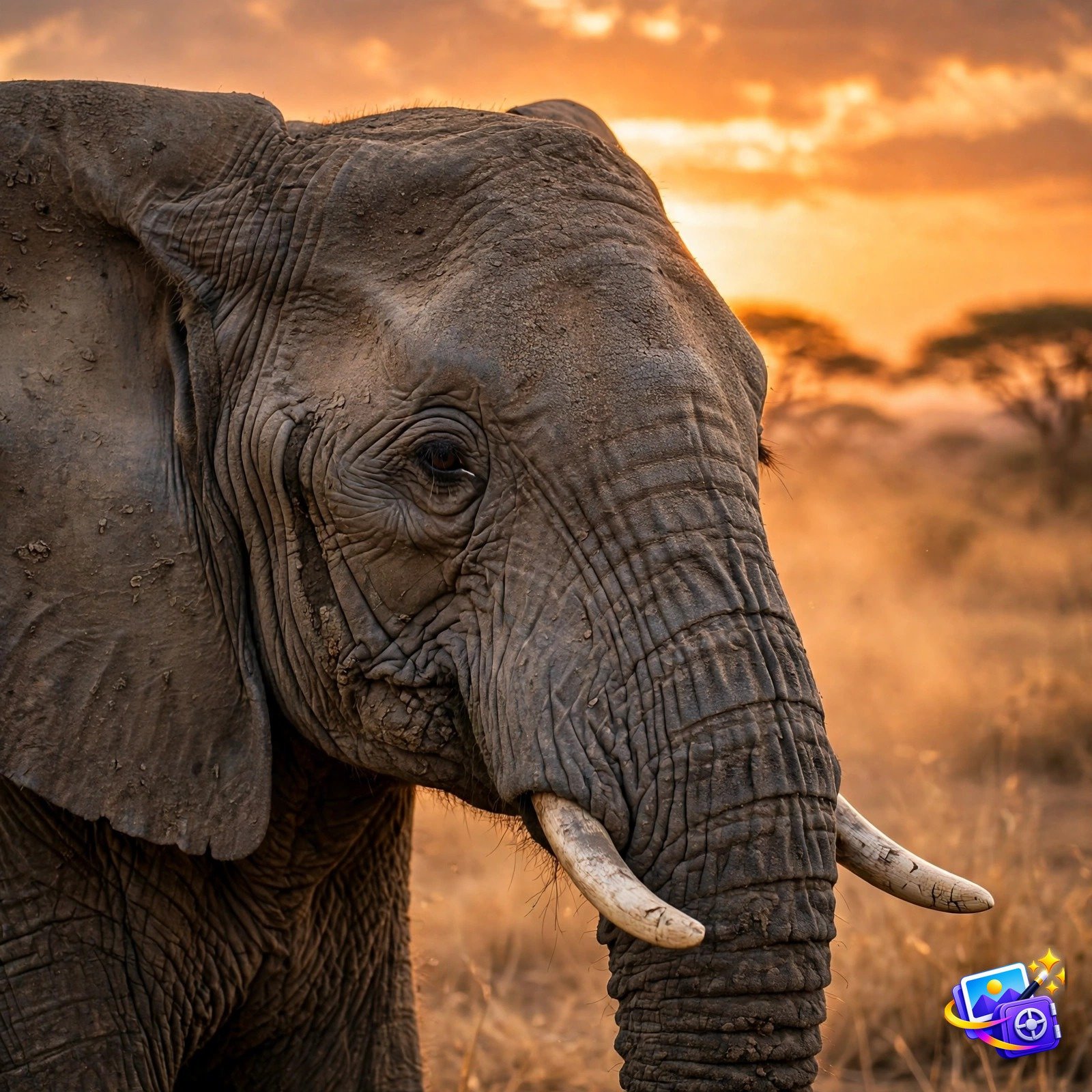 Prompts for midjourney elephant portrait example at sunset