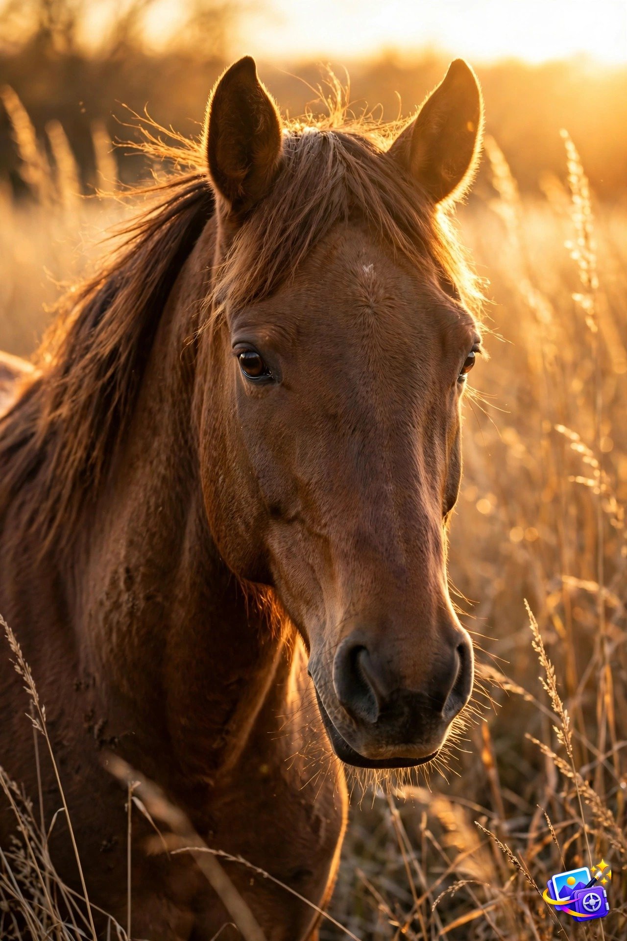 Prompts for midjourney horse portrait example at sunset