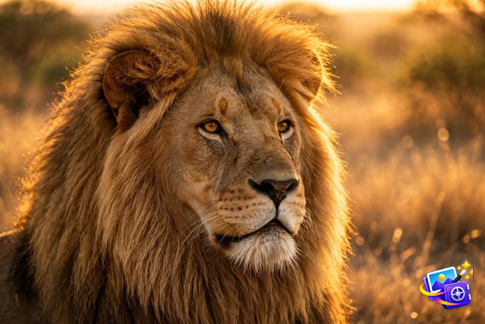 Prompts for midjourney lion savanna portrait example in golden light