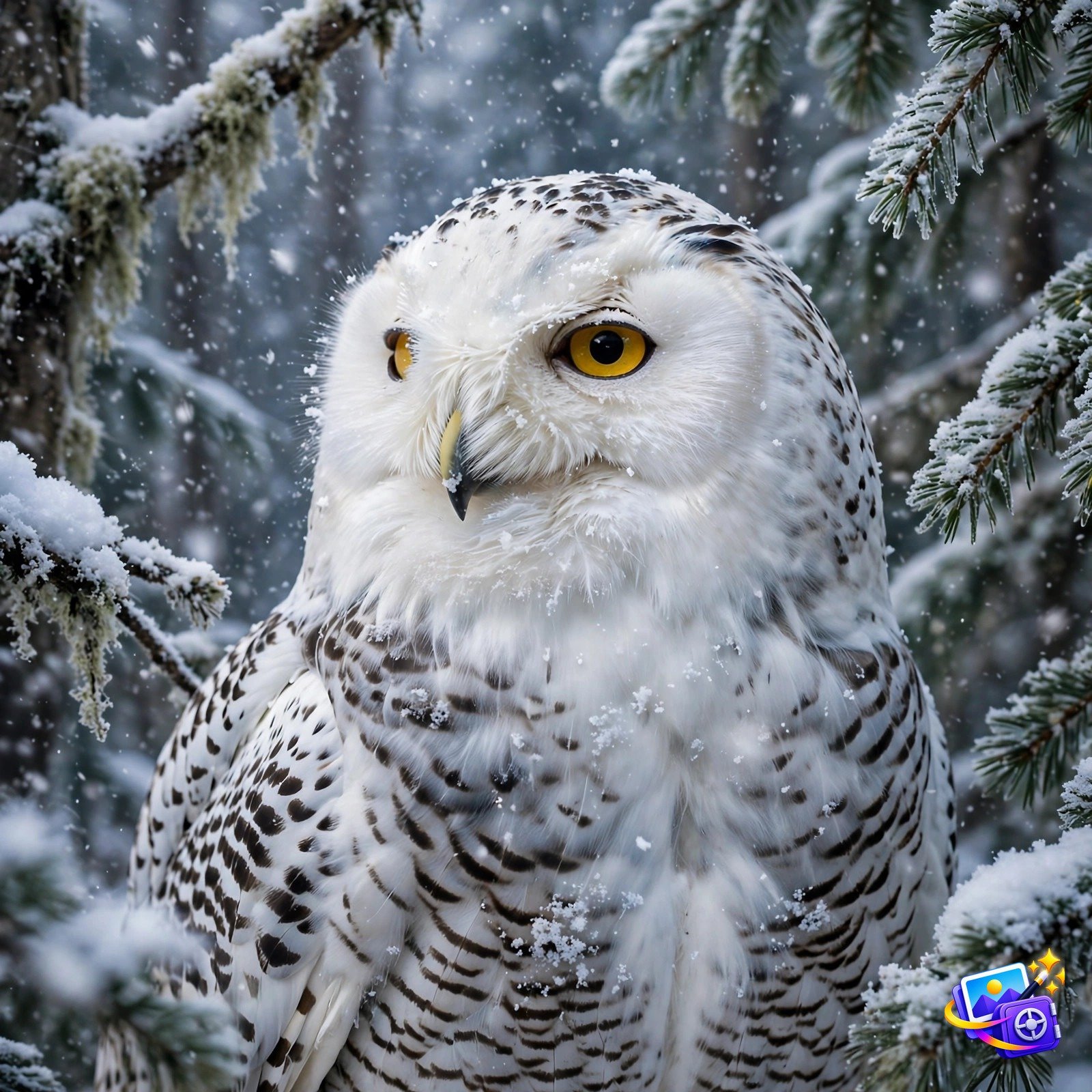 Prompts for midjourney snowy owl portrait example in winter forest