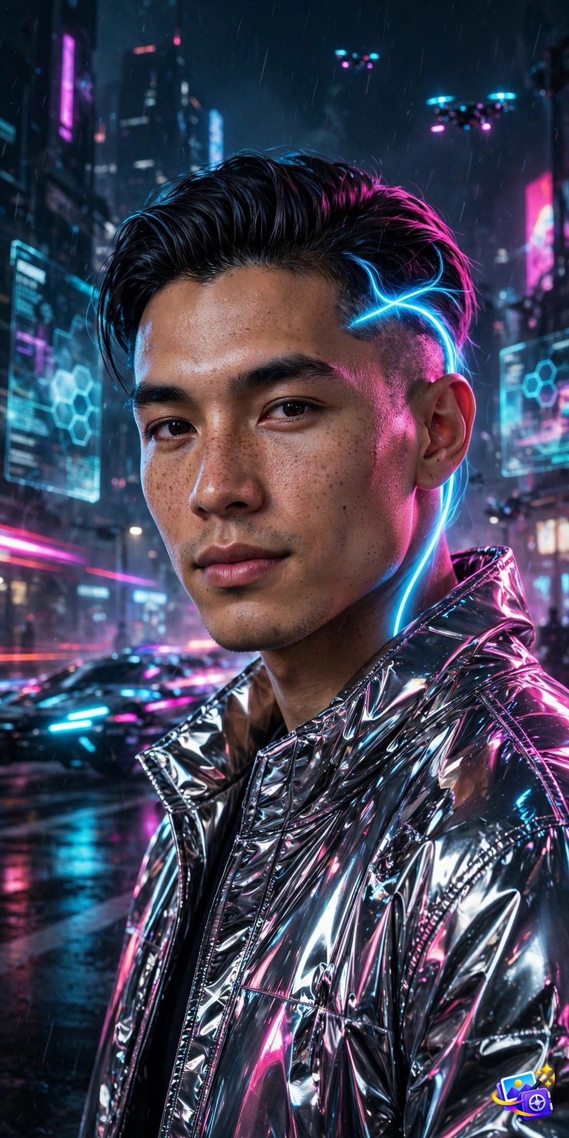 Man in a chrome jacket on a holographic city street, created with trending AI portrait prompts