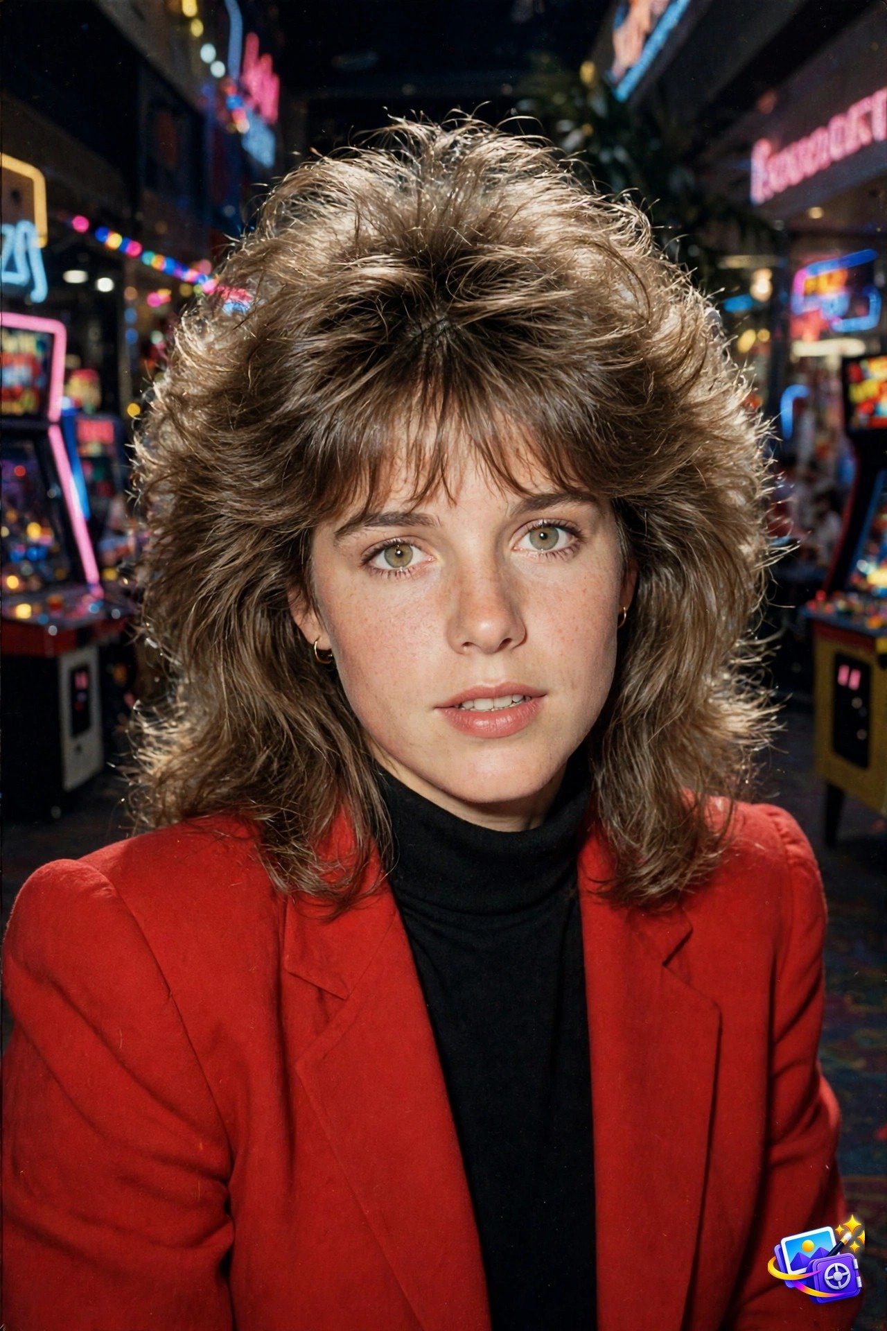 Woman with big 80s teased hair in a neon mall arcade, created with trending AI portrait prompts