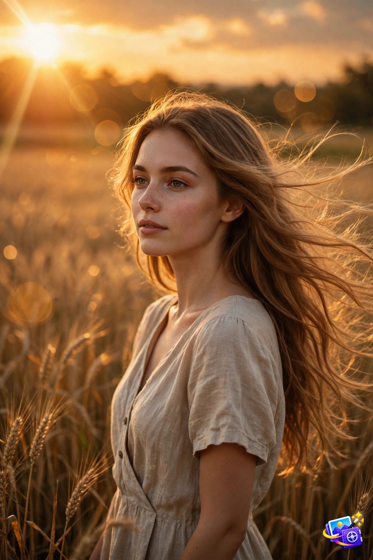 Woman glowing in warm golden-hour light in a wheat field, created with trending AI portrait prompts