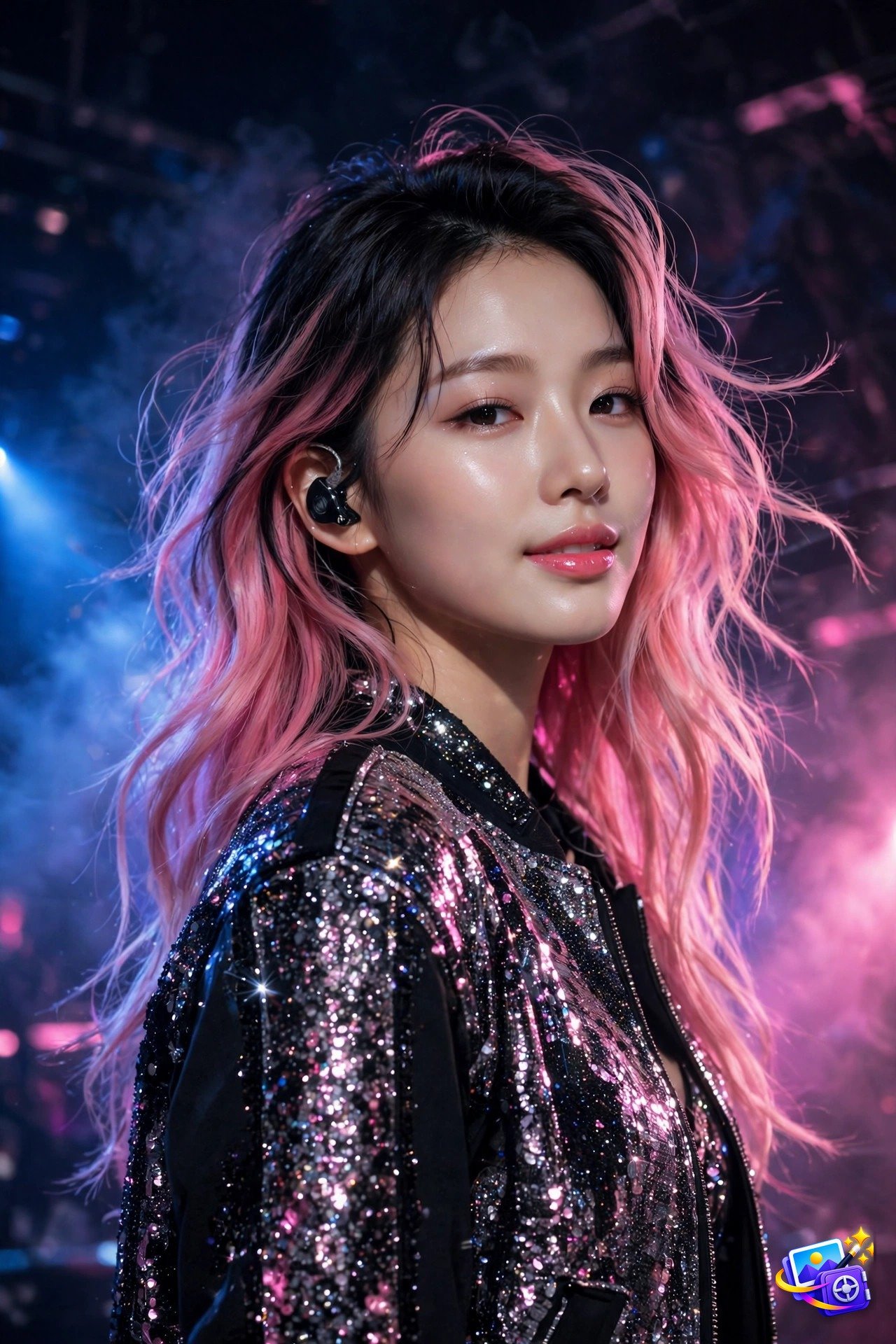 Woman transformed into a K-pop idol under concert stage lights, created with trending AI portrait prompts