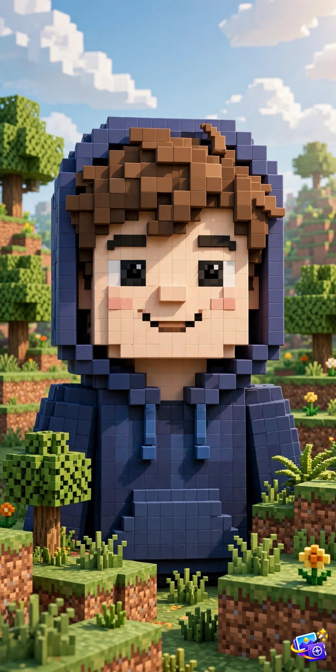 Man reimagined as a blocky voxel game character, created with trending AI portrait prompts
