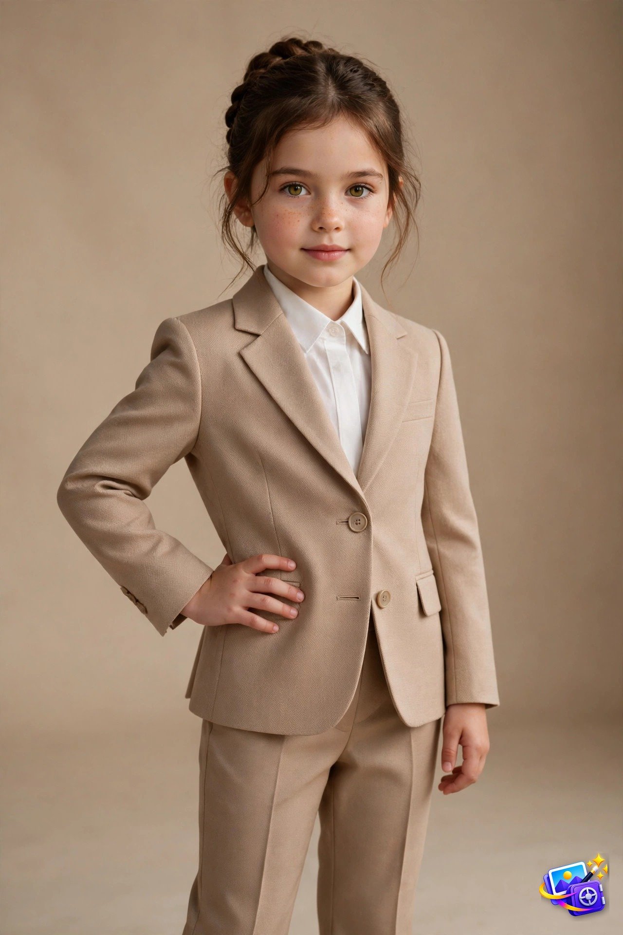 Child in a tiny designer outfit under studio lighting, created with trending AI portrait prompts