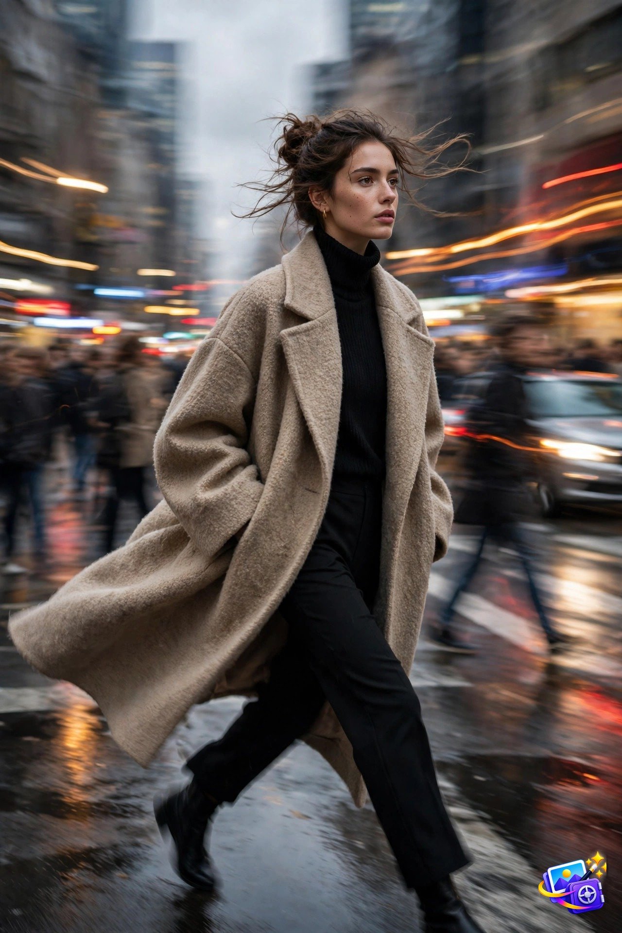 Woman striding through a motion-blurred city street in editorial style, created with trending AI portrait prompts